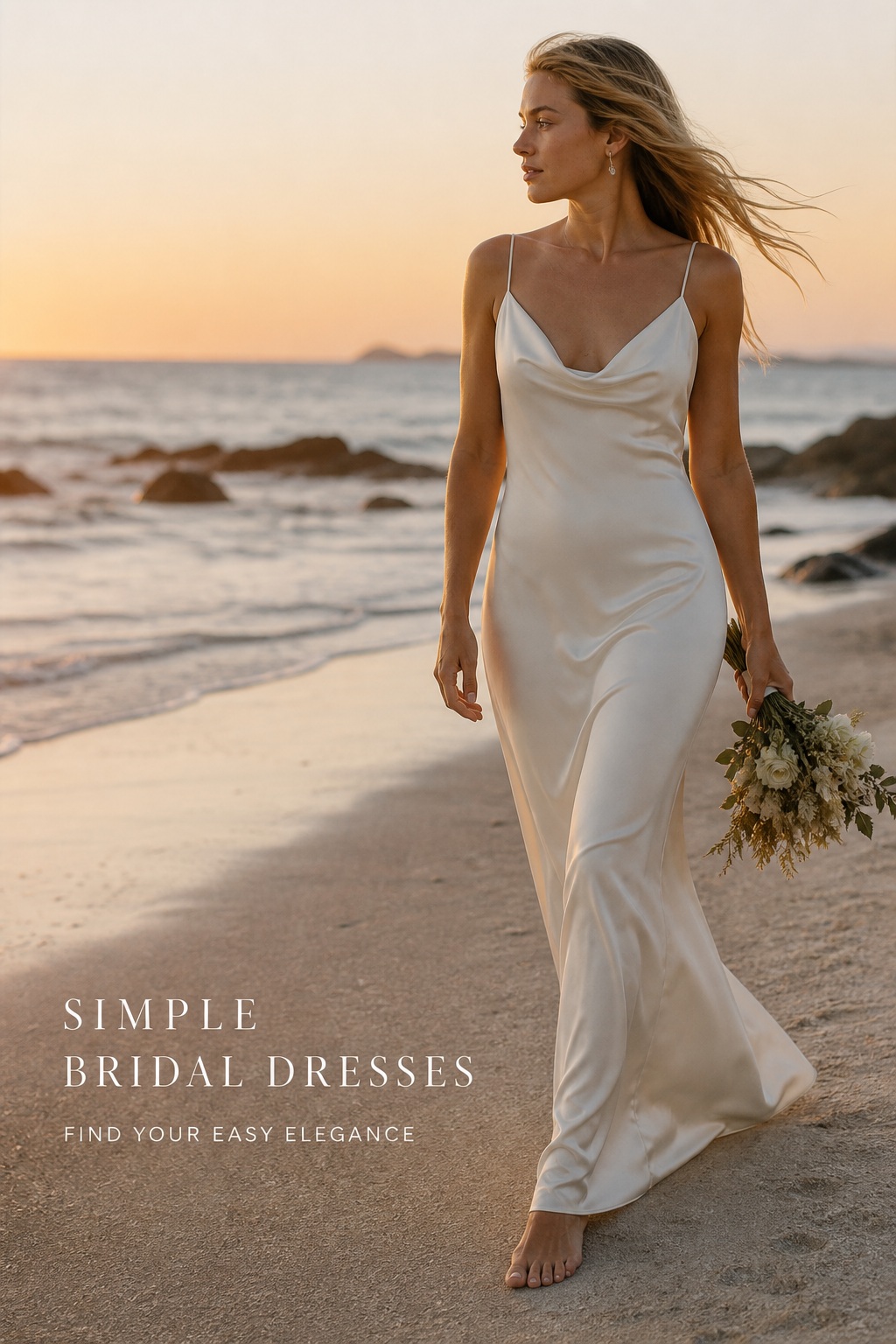 simple bridal dresses satin slip gown on a beach at golden hour