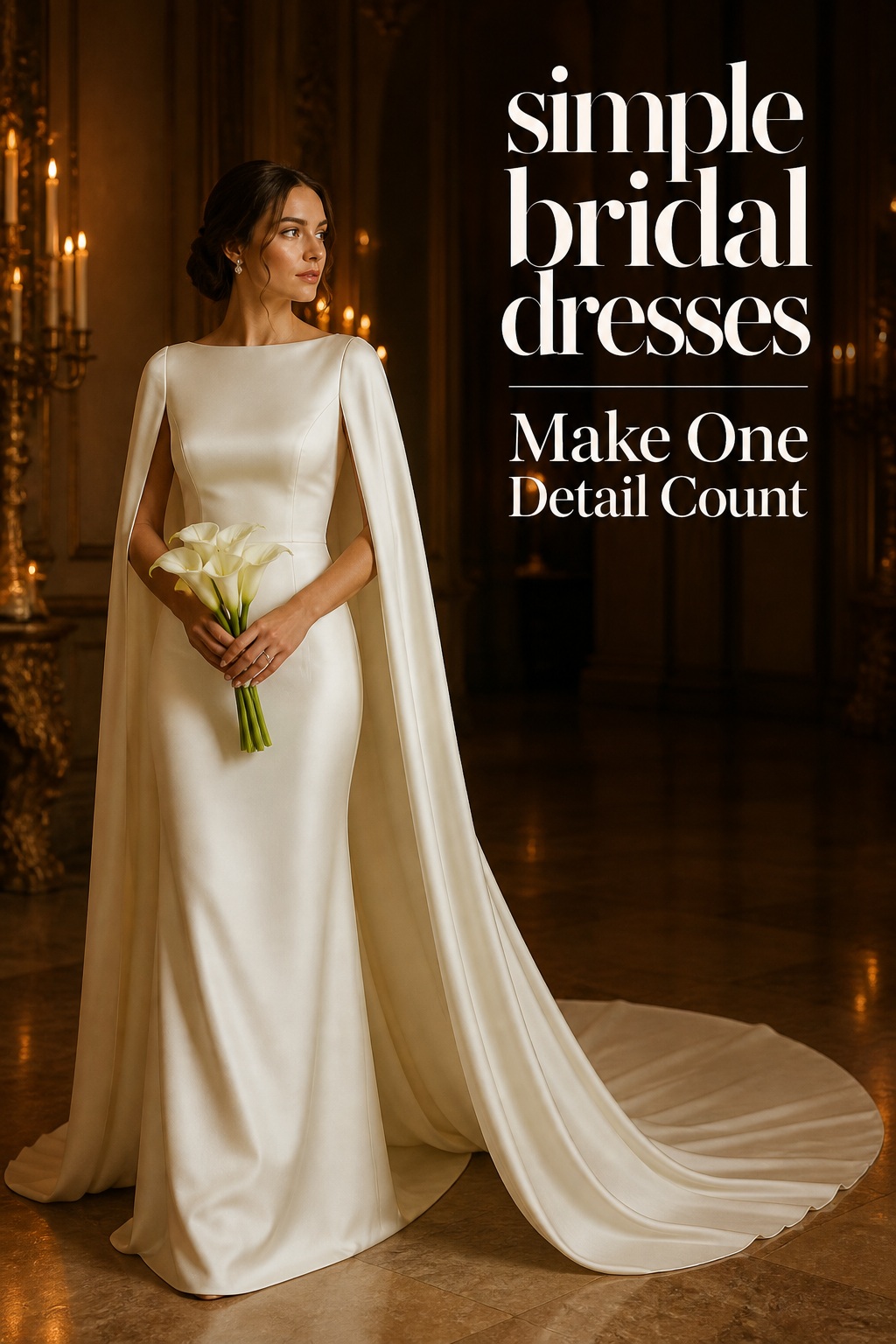 simple bridal dresses satin cape gown in a candlelit ballroom