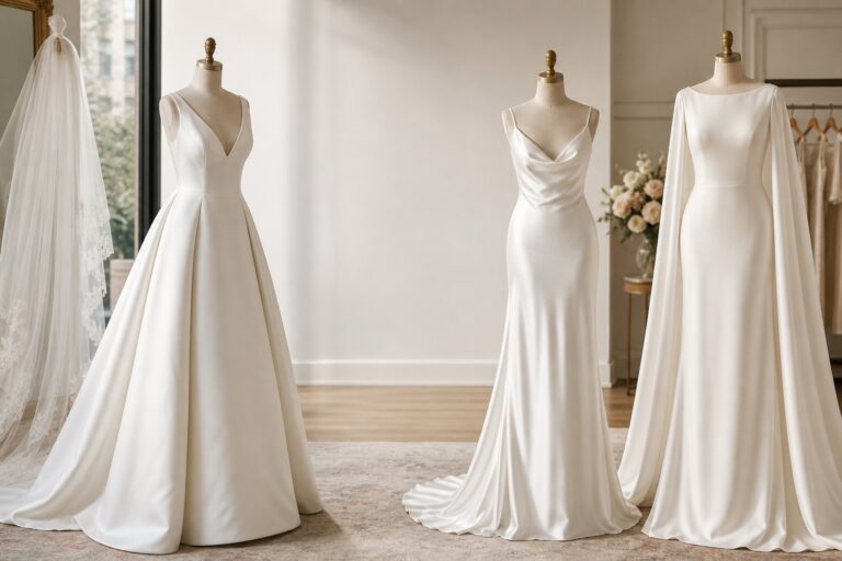 satin bridal gowns in structured duchess satin, fluid charmeuse and matte satin silhouettes