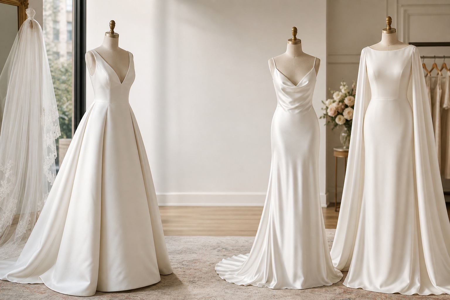 satin bridal gowns in structured duchess satin, fluid charmeuse and matte satin silhouettes