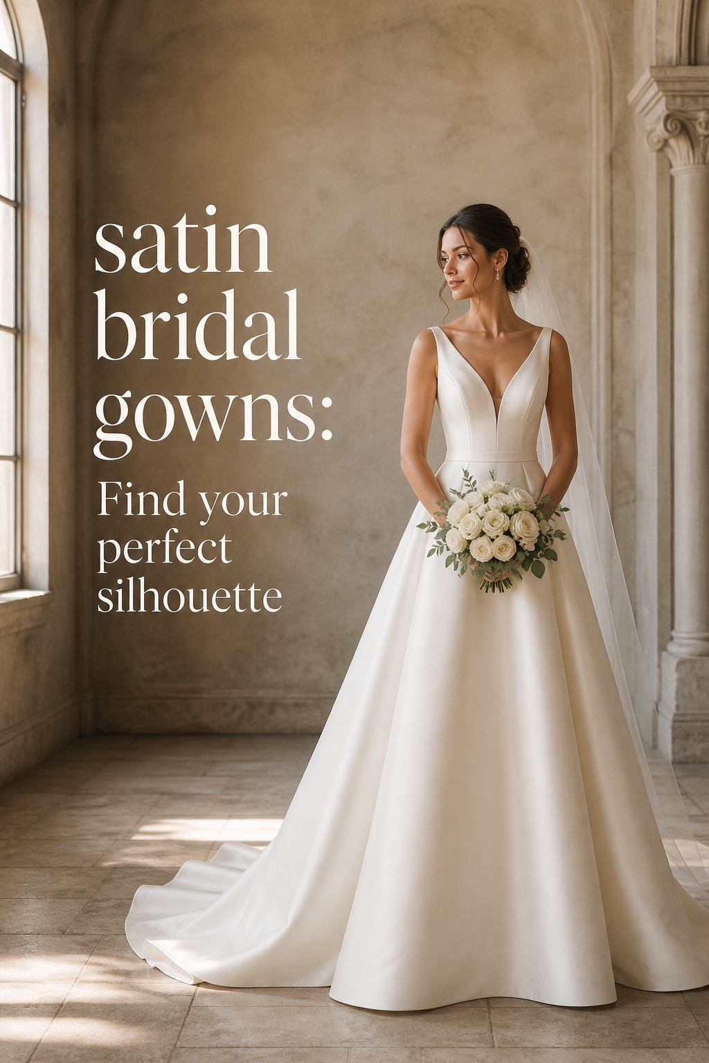 satin bridal gowns in an elegant ivory A-line silhouette in a historic chapel