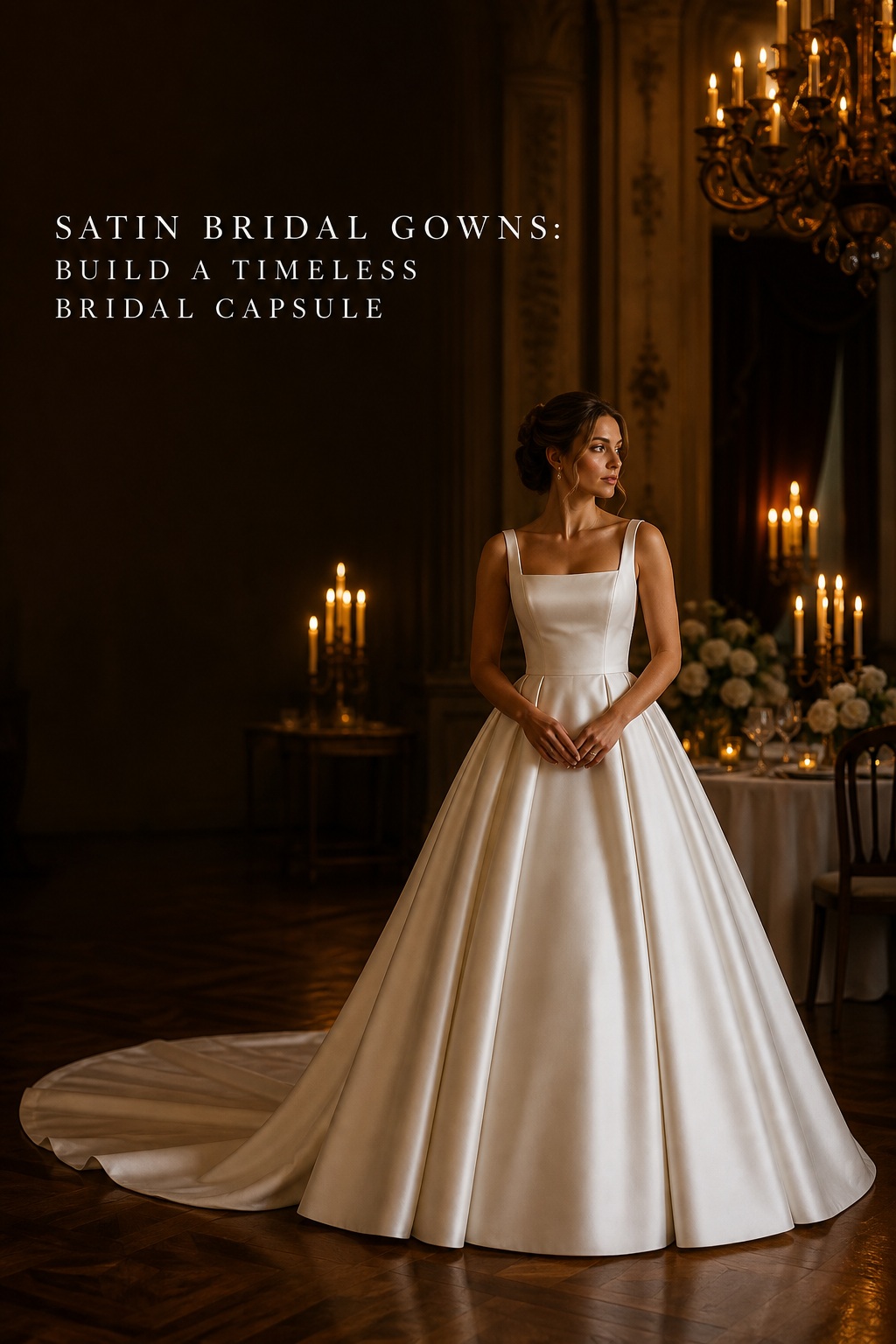 satin bridal gowns in a structured ivory ball gown at a candlelit ballroom wedding