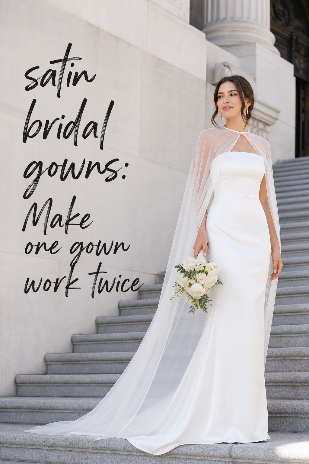 satin bridal gowns with a detachable sheer cape on a city hall staircase