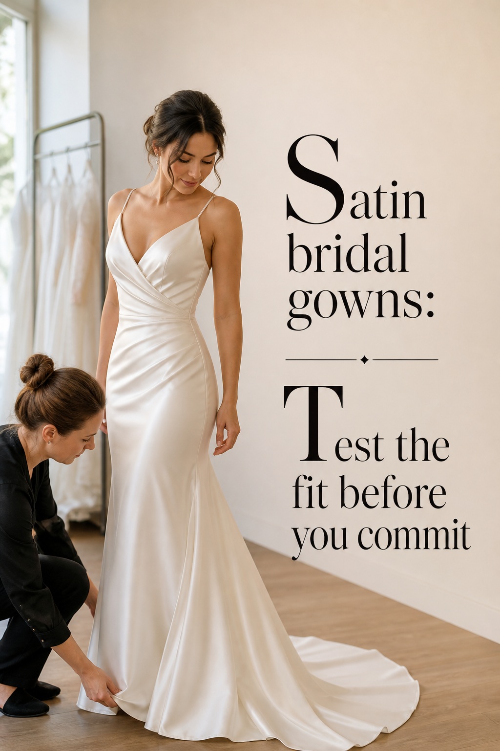 satin bridal gowns being fitted and tested for movement in a bridal boutique