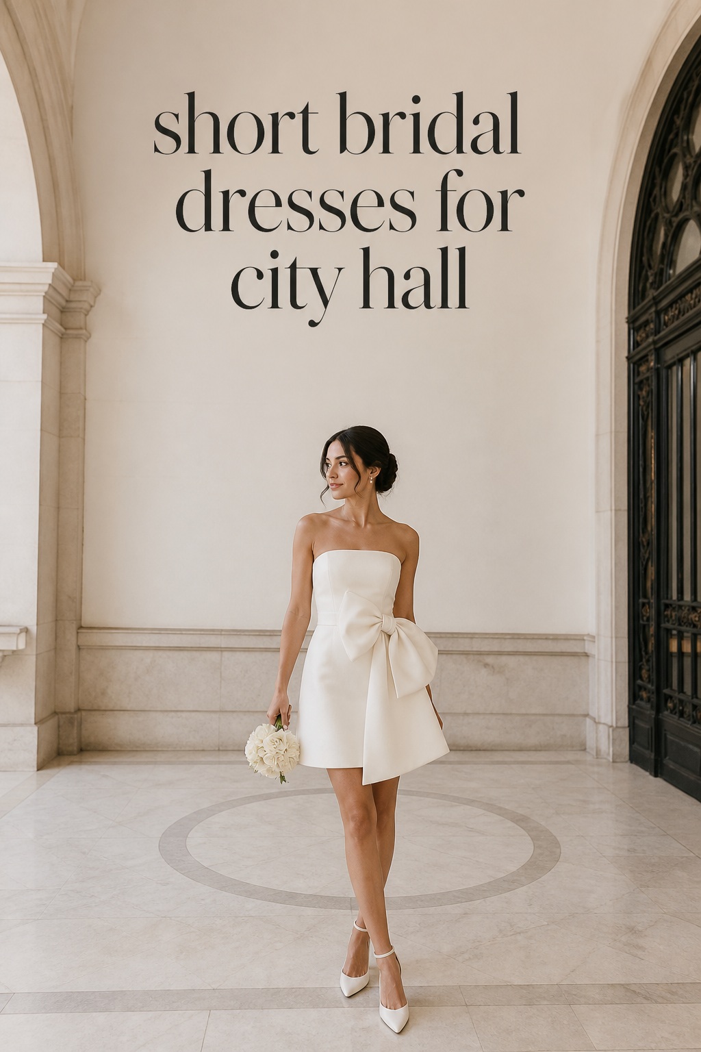 short bridal dresses structured ivory mini with a bow at city hall