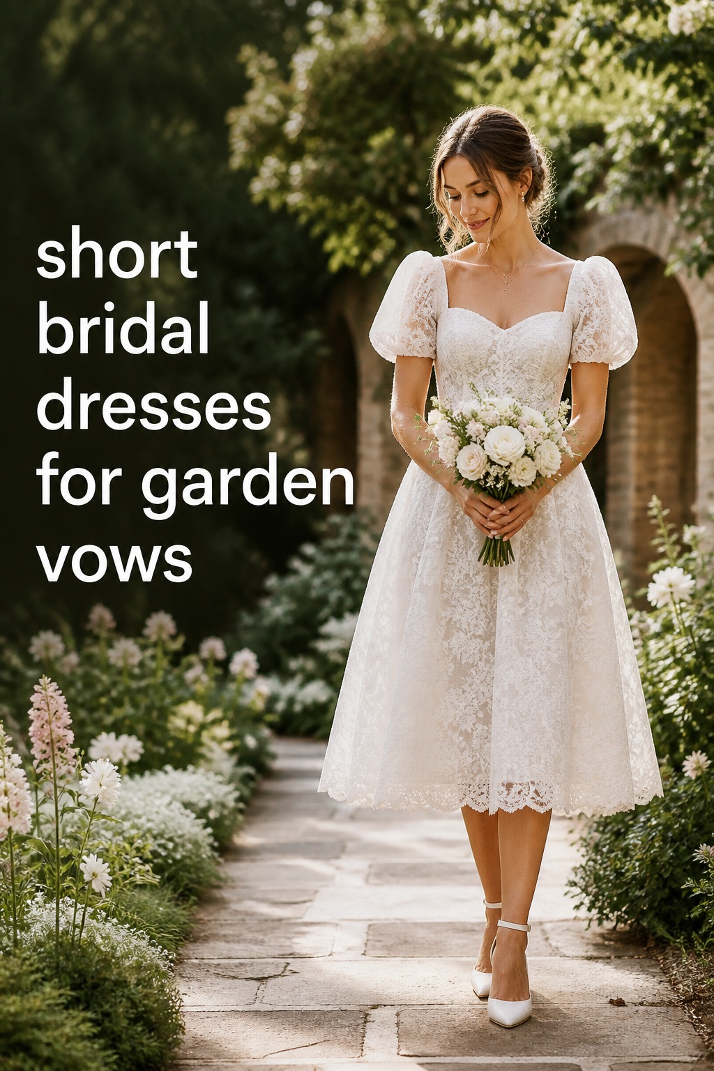 short bridal dresses lace tea-length gown with puff sleeves in a garden