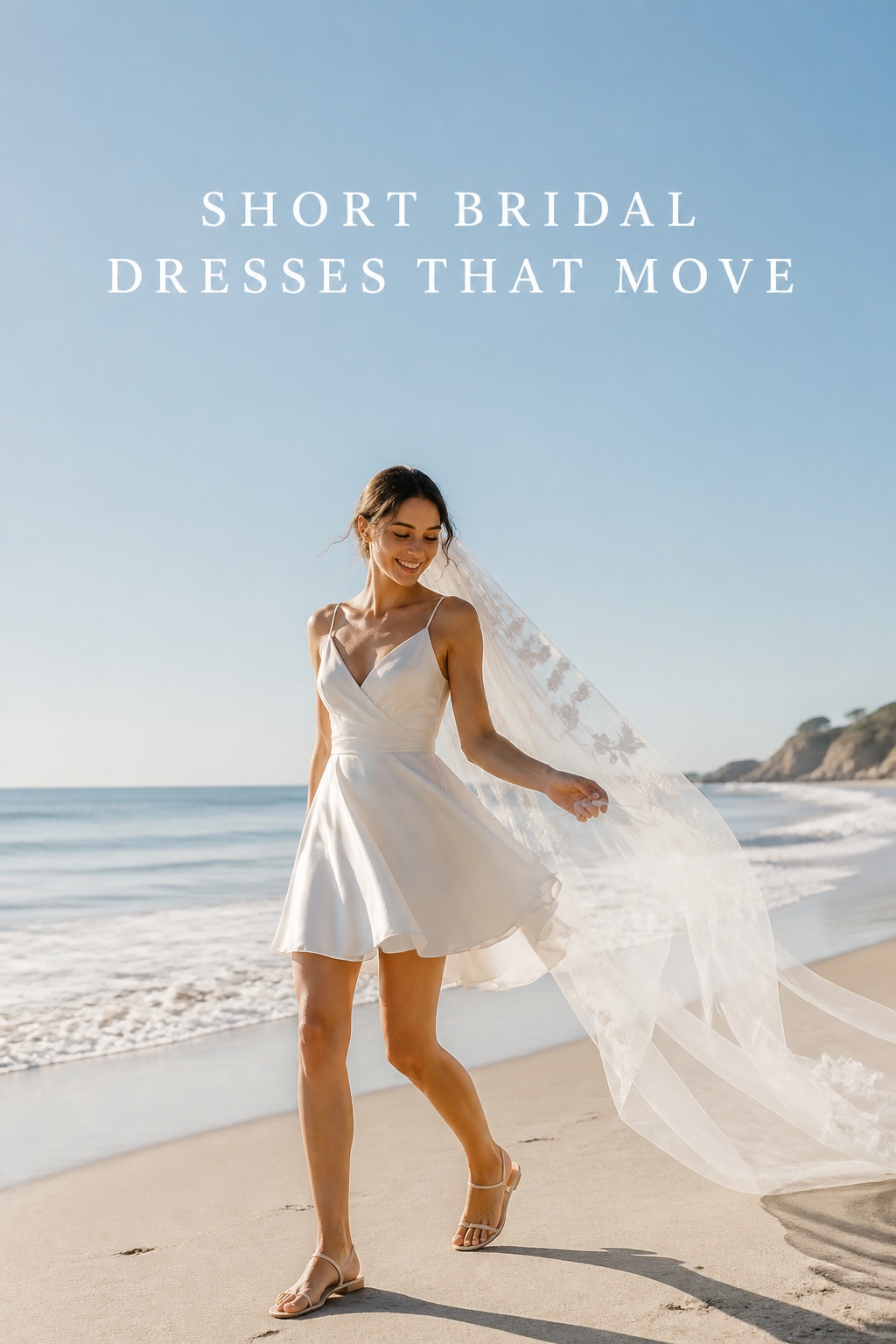 short bridal dresses flowing silk mini with veil on a bright beach