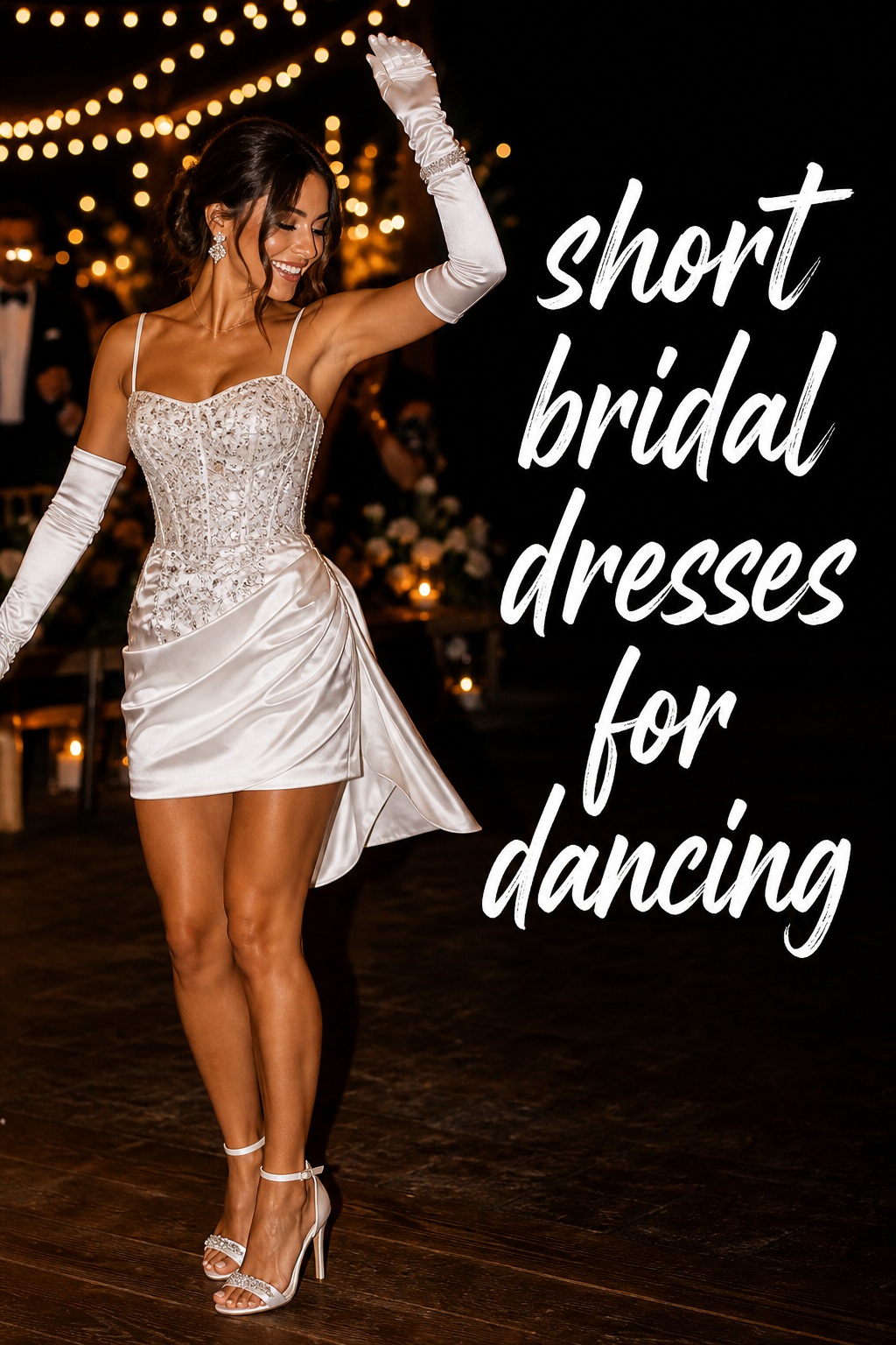 short bridal dresses crystal satin reception look with long gloves