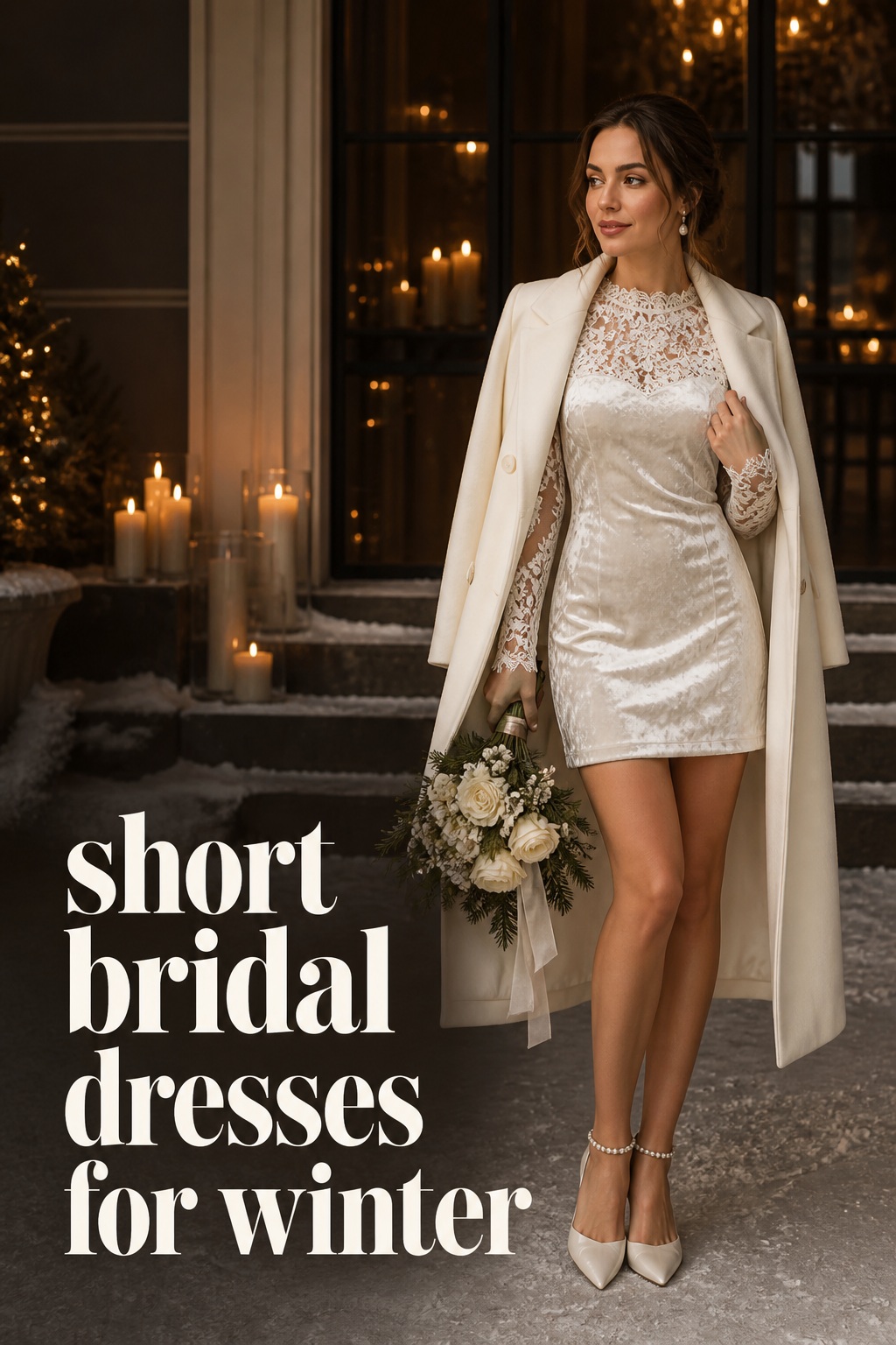 short bridal dresses velvet mini with lace sleeves and ivory coat for winter