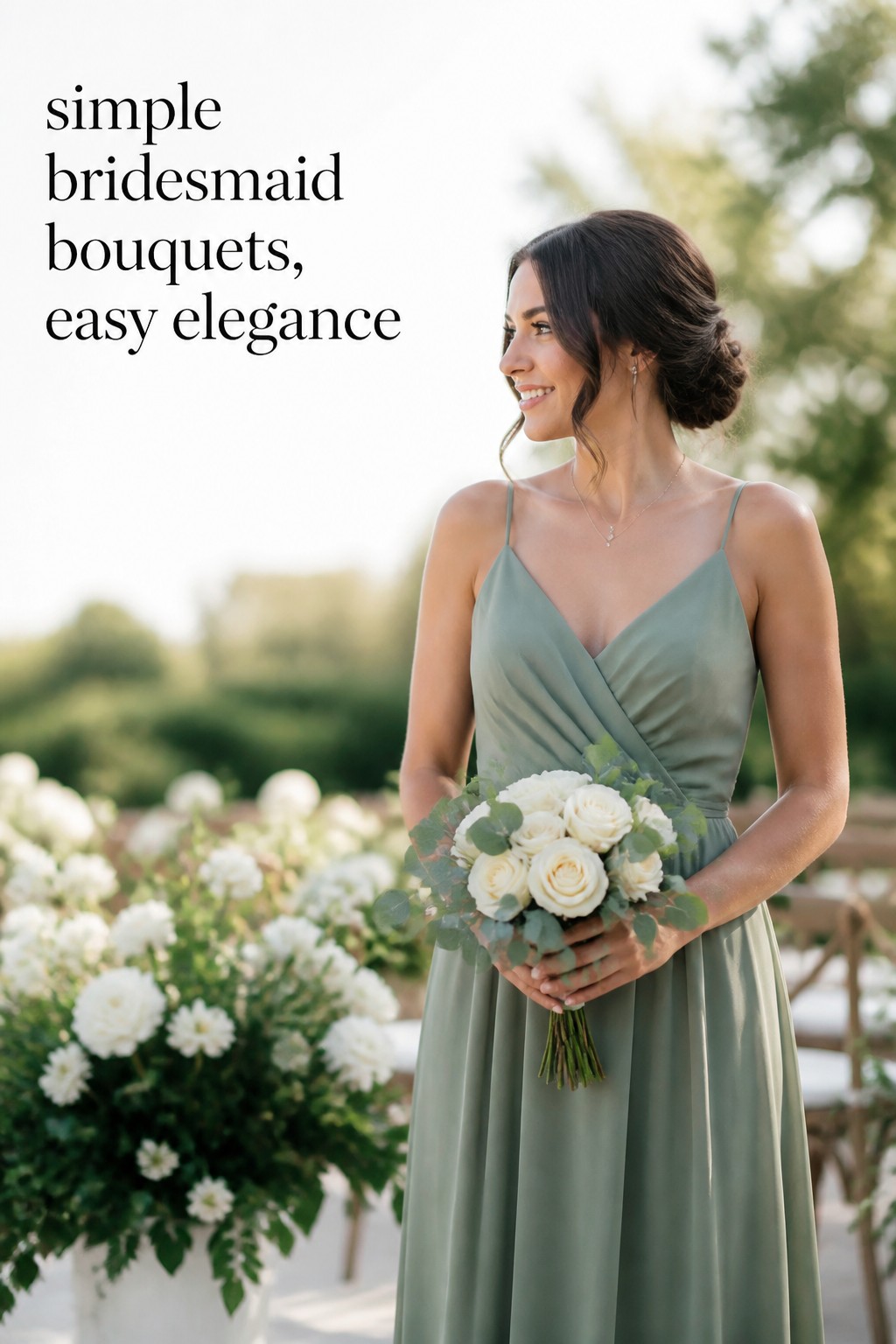 simple bridesmaid bouquets of ivory roses and eucalyptus with a sage dress