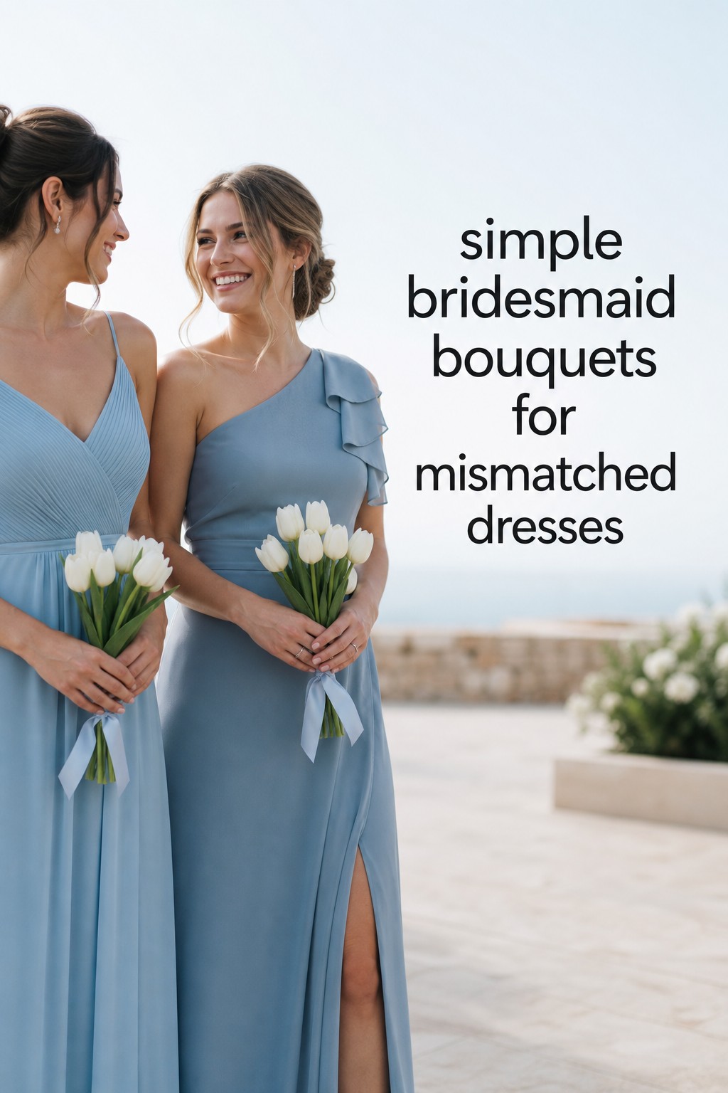 simple bridesmaid bouquets of white tulips with mismatched blue bridesmaid dresses