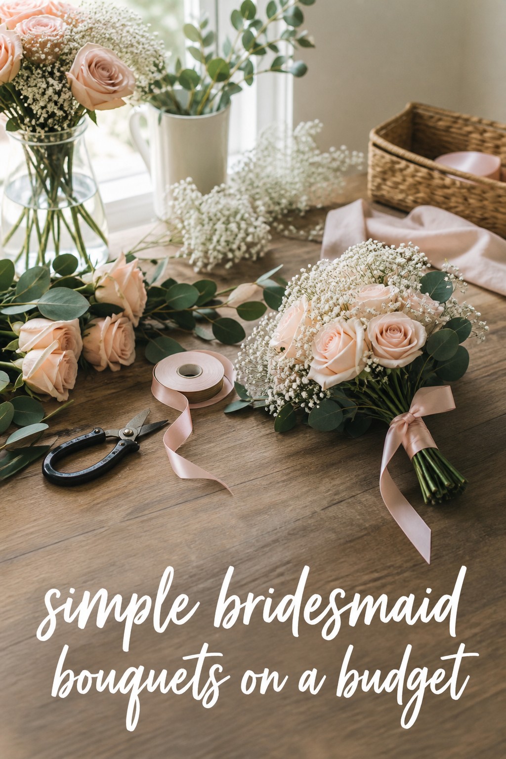 simple bridesmaid bouquets of blush roses and baby's breath for a DIY wedding