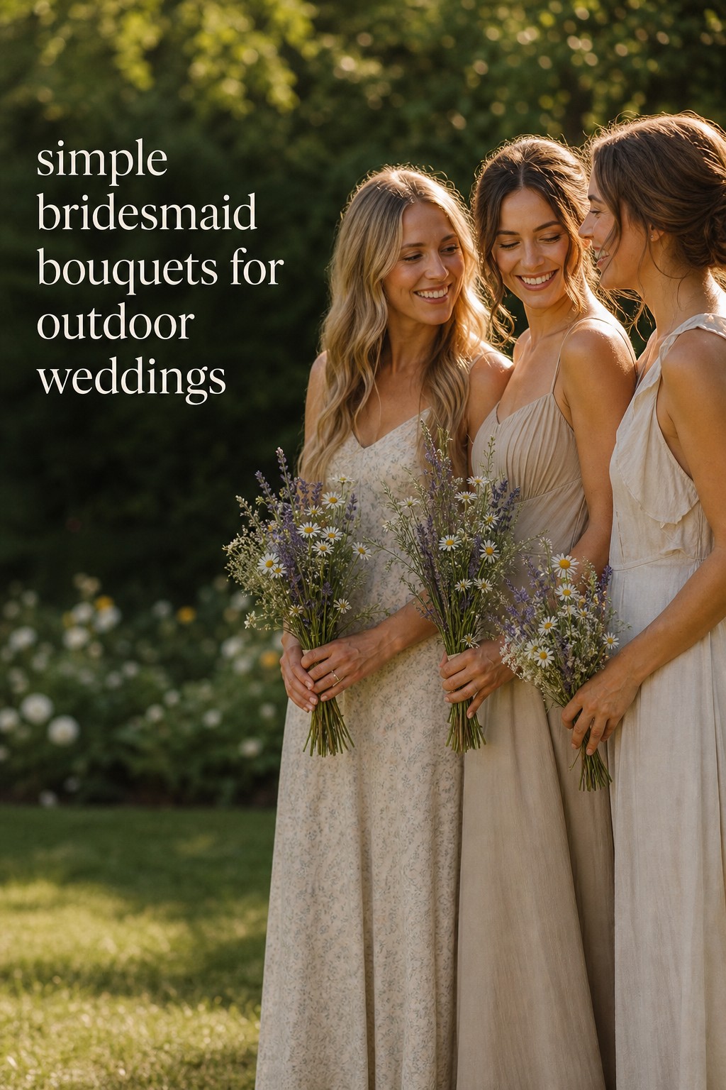 simple bridesmaid bouquets of wildflowers, chamomile, lavender, and greenery outdoors