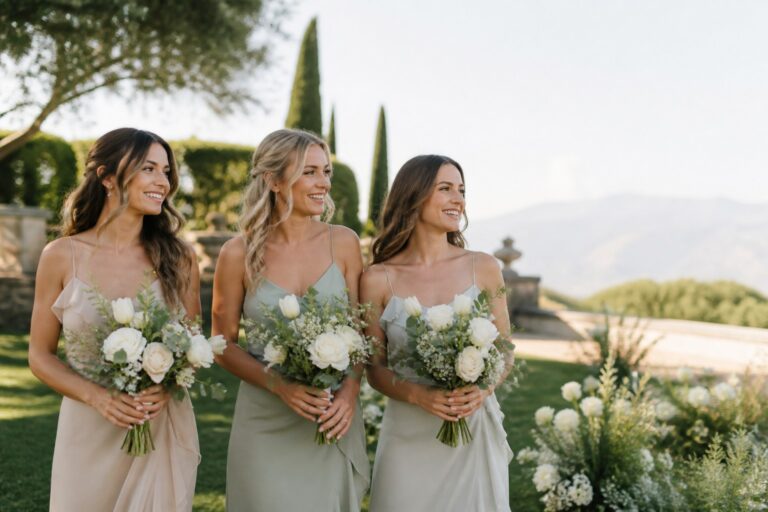 Simple bridesmaid bouquets of white roses, tulips, eucalyptus, and greenery in a garden