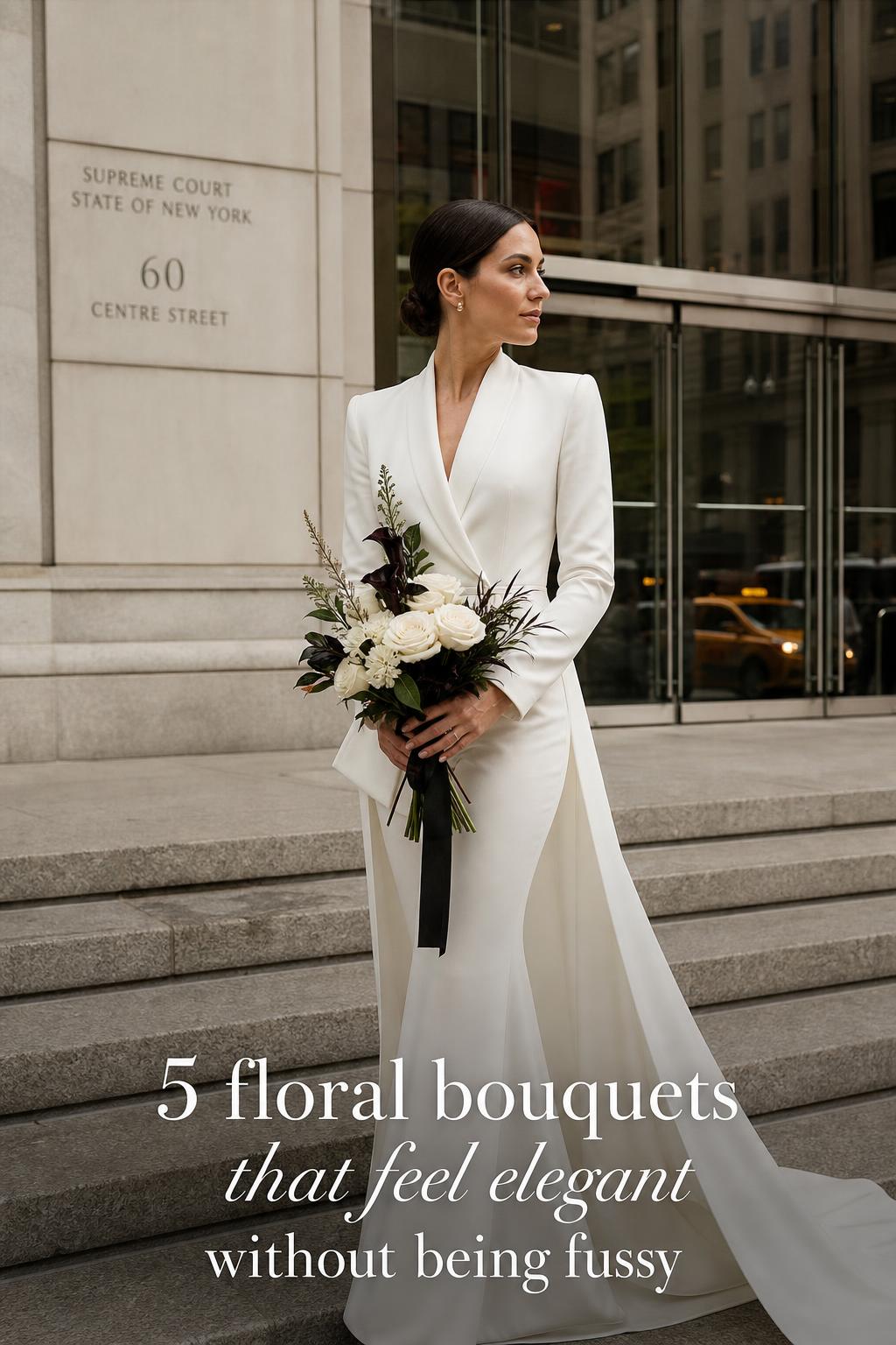 Sleek courthouse bride holding refined floral bouquets outside a modern city courthouse with limestone steps and glass doors