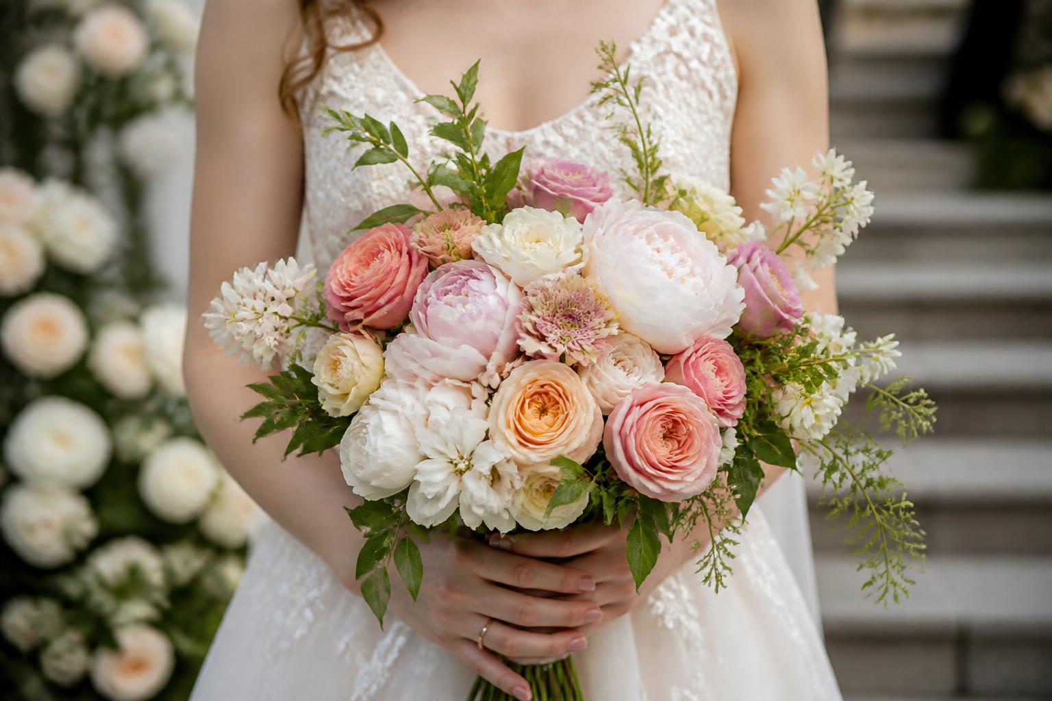 Elegant spring flowers for wedding bouquet with peonies and ranunculus in a modern bridal arrangement