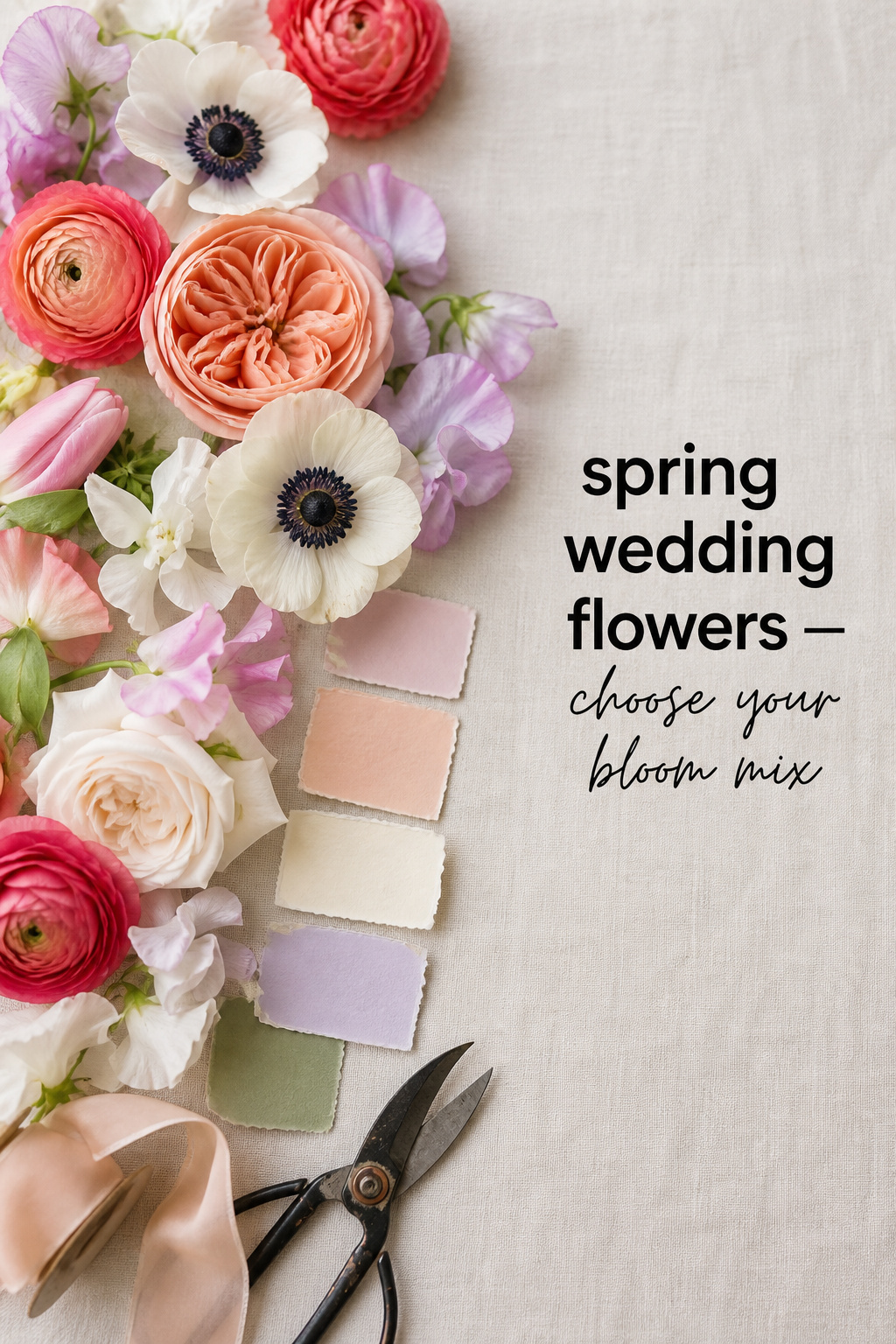 Spring wedding flowers moodboard with ranunculus tulips and pastel color swatches
