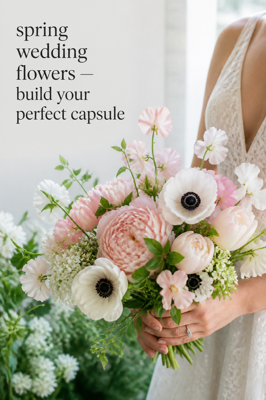 Spring wedding flowers bouquet capsule with blush peonies and white anemones