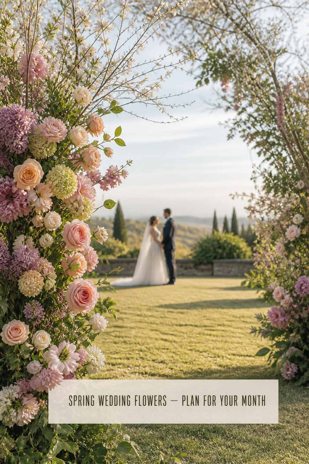 Spring wedding flowers ceremony arch with garden roses and flowering branches