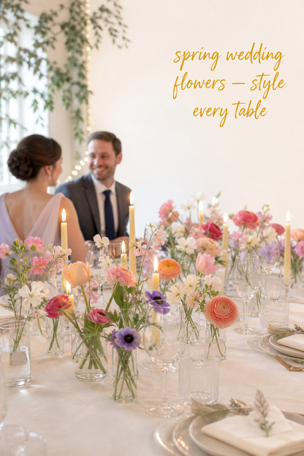 Spring wedding flowers reception table with bud vases tulips and ranunculus
