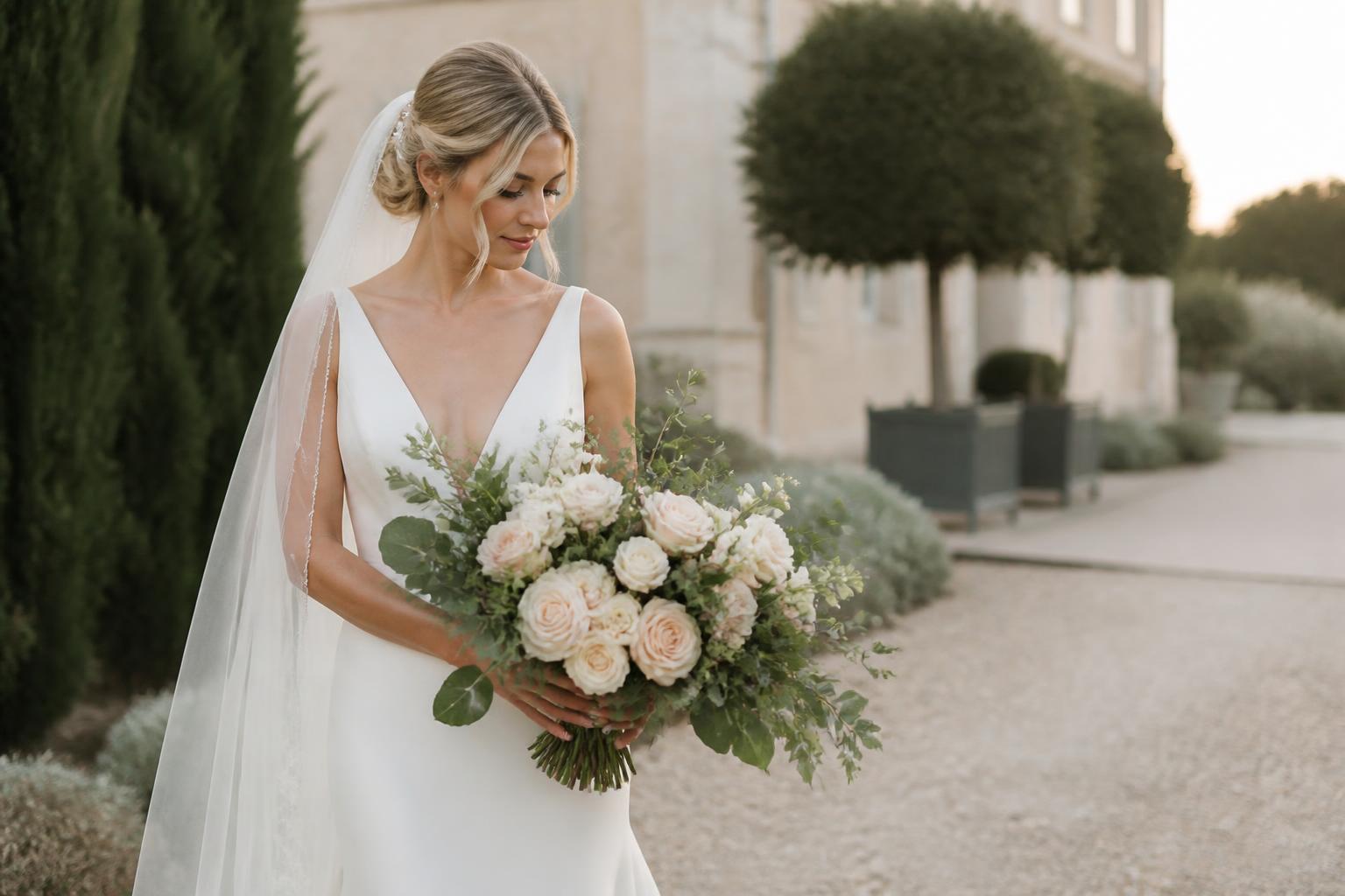 Timeless floral bouquets in soft blush and ivory tones, hand-tied for a modern wedding mood
