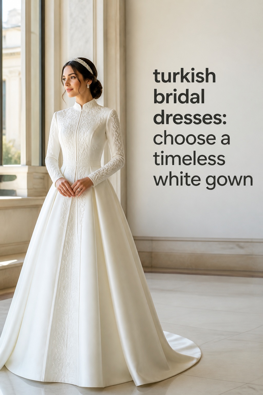 turkish bridal dresses in an ivory satin A-line gown with long sleeves