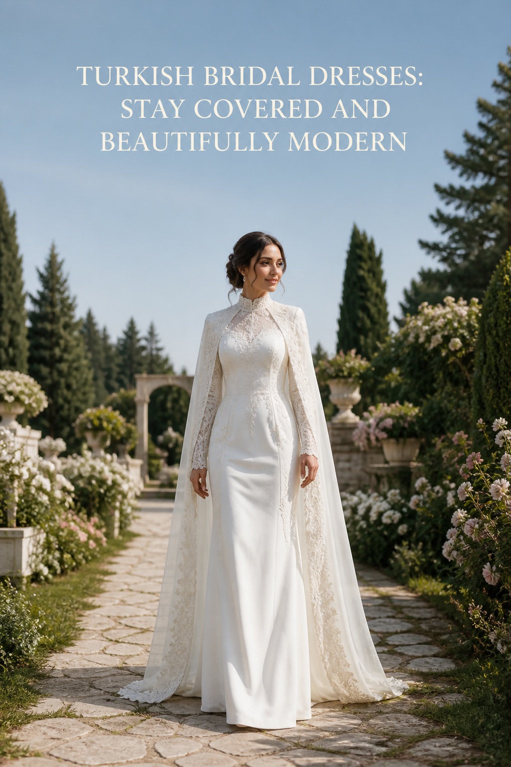 turkish bridal dresses in a modest white gown with lace cape
