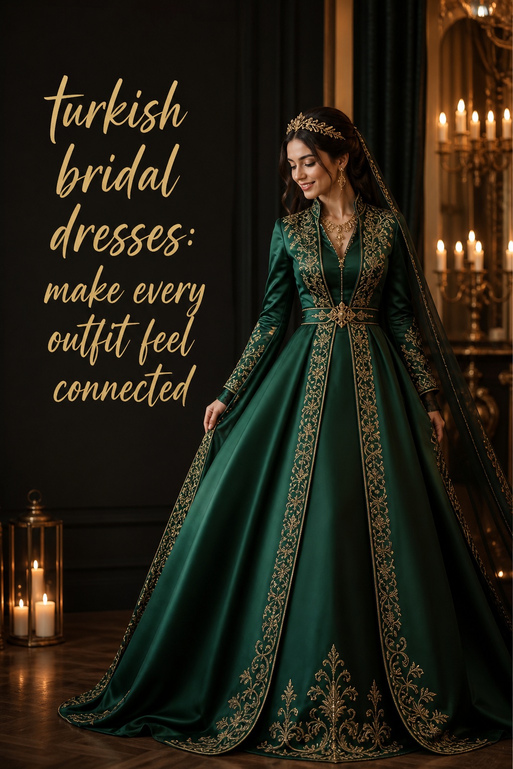 turkish bridal dresses in an emerald satin gown with gold embroidery