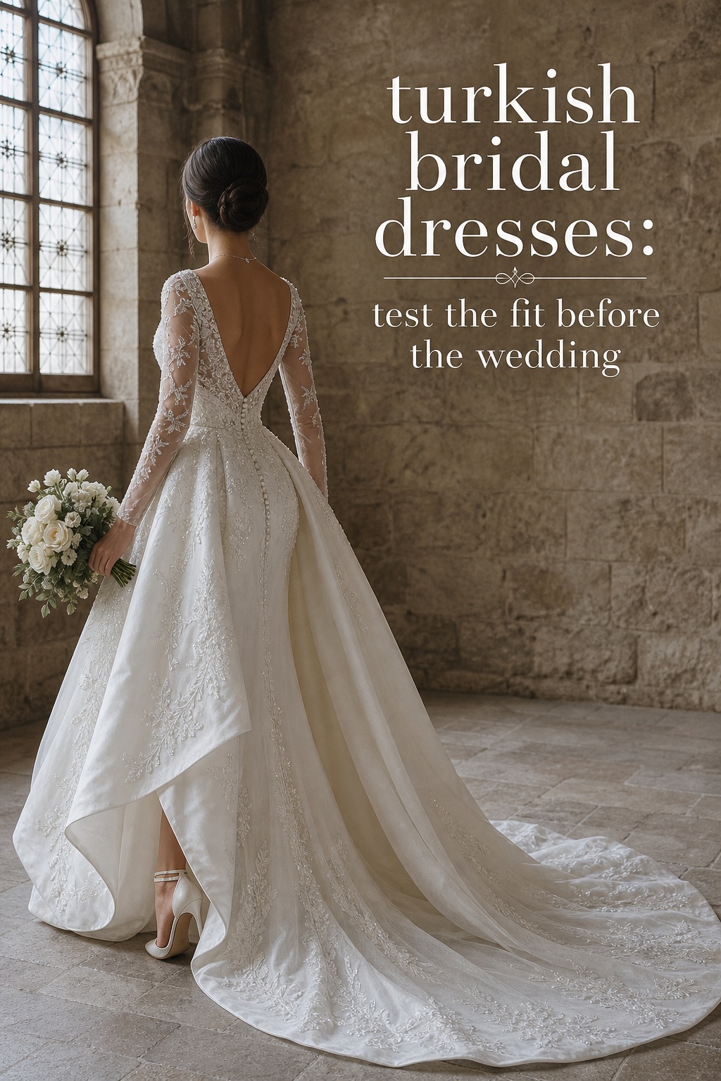 turkish bridal dresses with a long train tested during a bridal fitting