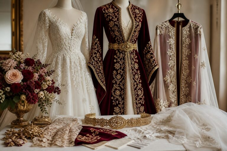 turkish bridal dresses wardrobe with ivory gown, burgundy bindalli and embroidered cape