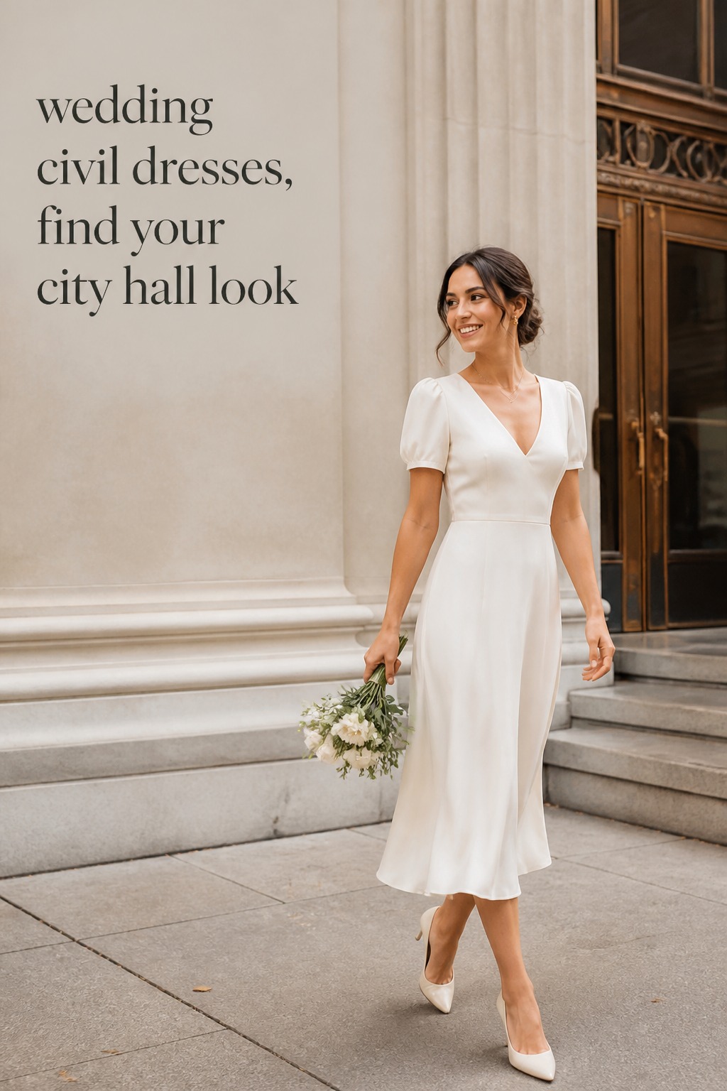 wedding civil dresses ivory midi dress outside city hall with bouquet