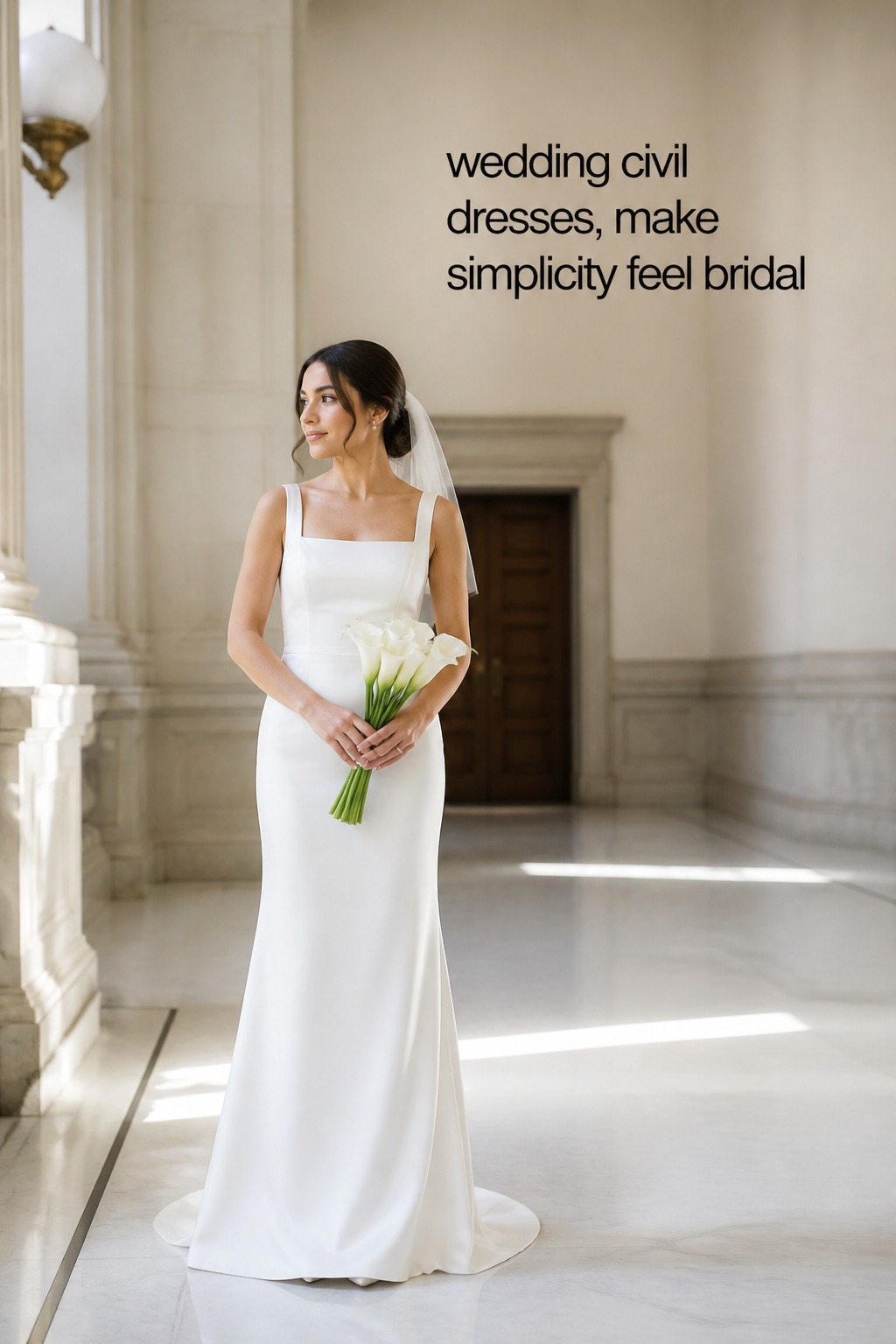 wedding civil dresses simple ivory satin gown in a courthouse hallway