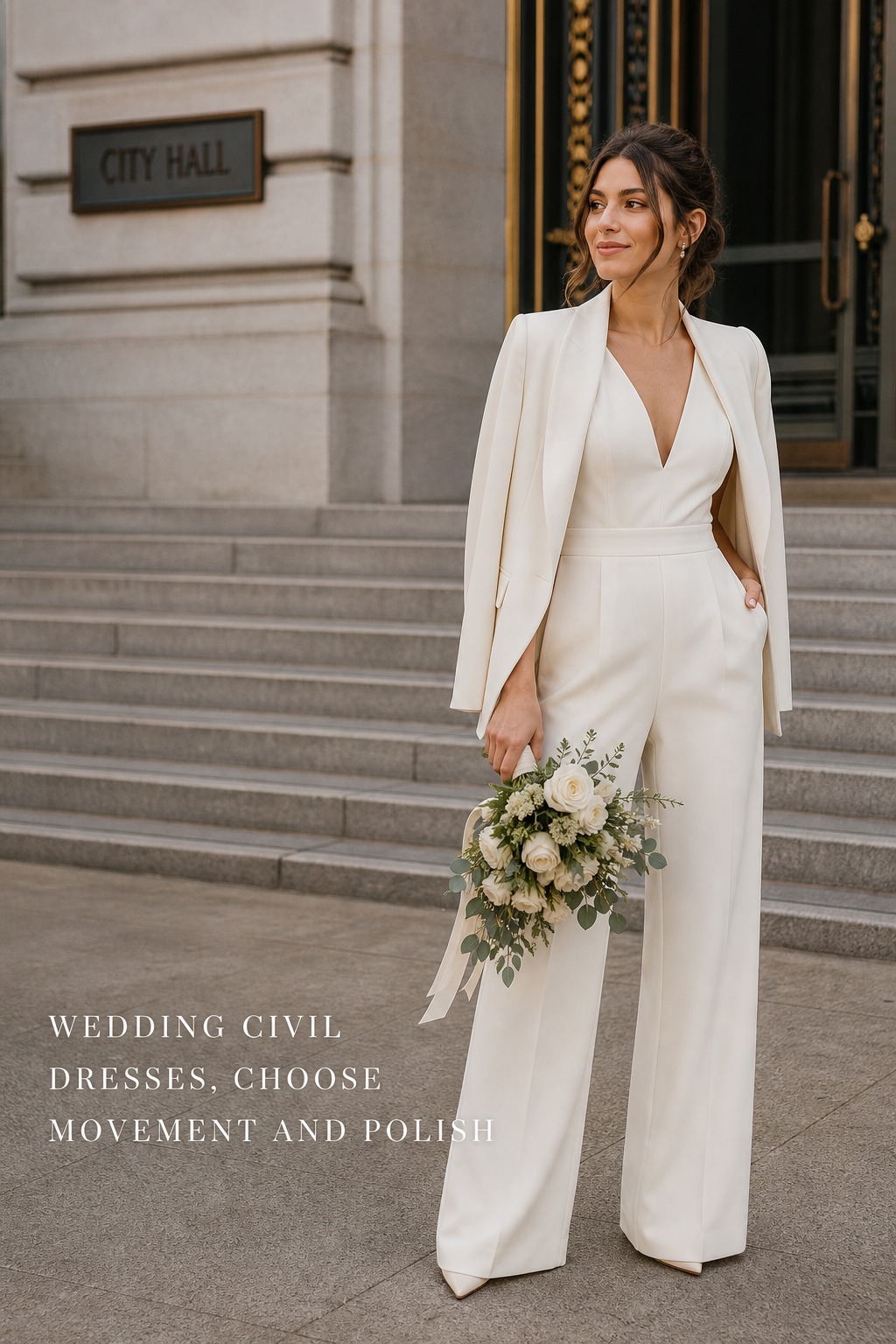 wedding civil dresses ivory tailored jumpsuit and bouquet on city hall steps