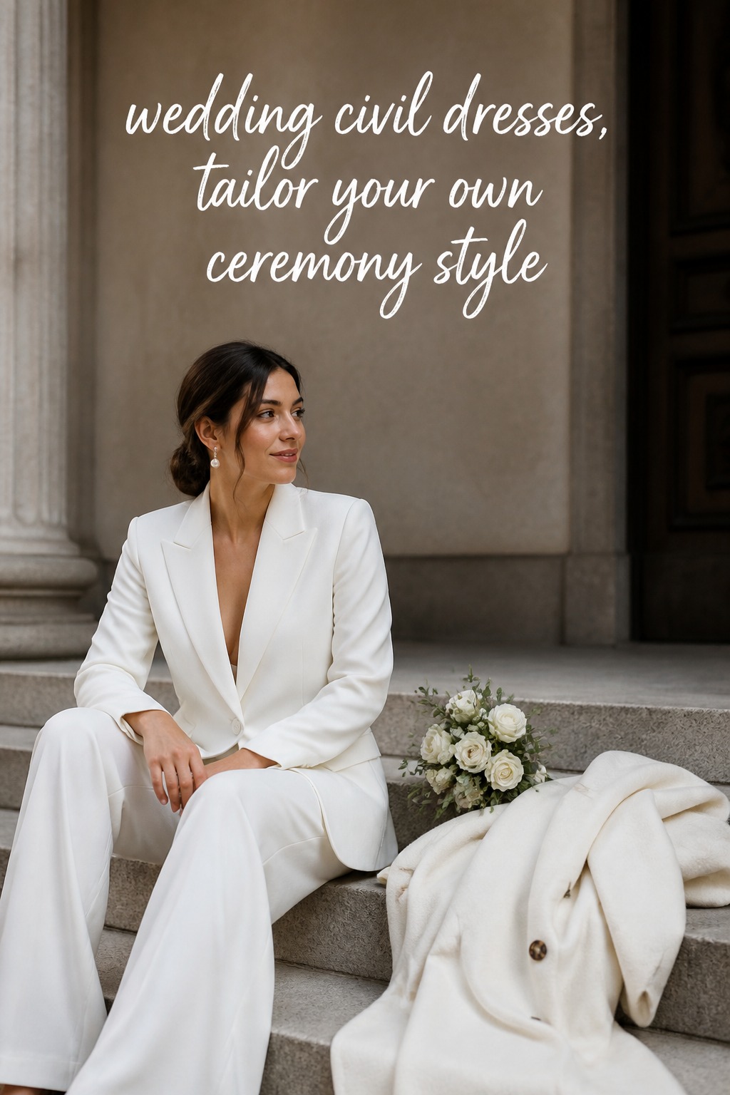 wedding civil dresses white tailored suit with ivory coat for courthouse style