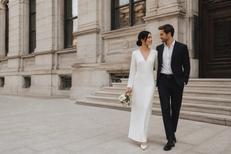 wedding civil dresses couple outside city hall in an elegant ivory look