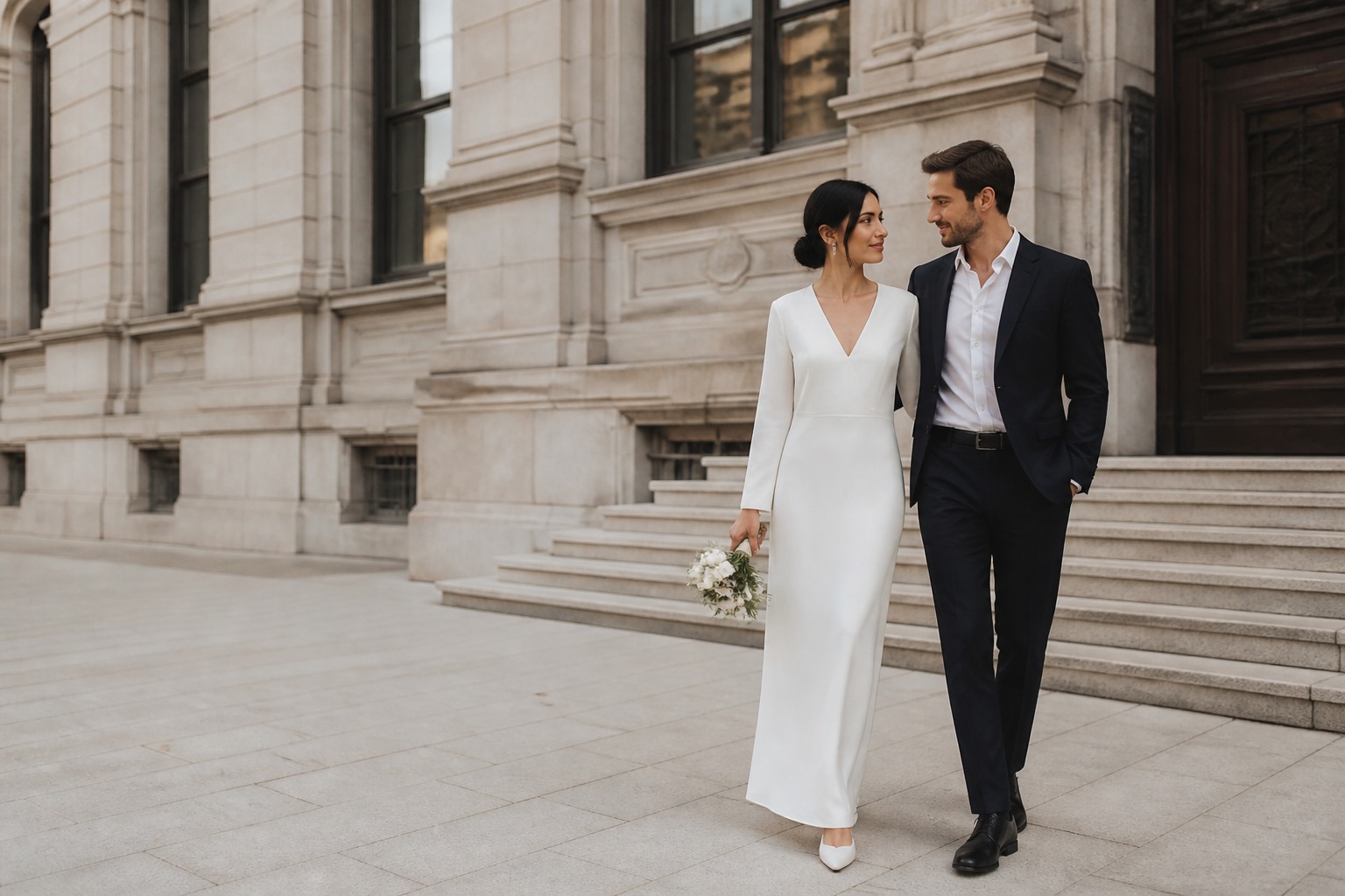 wedding civil dresses couple outside city hall in an elegant ivory look
