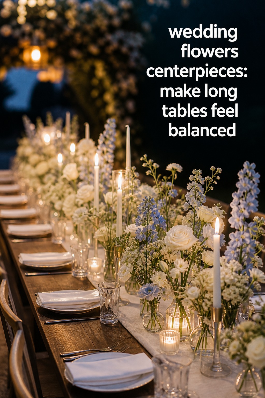 wedding flowers centerpieces bud vases and candles along a long table