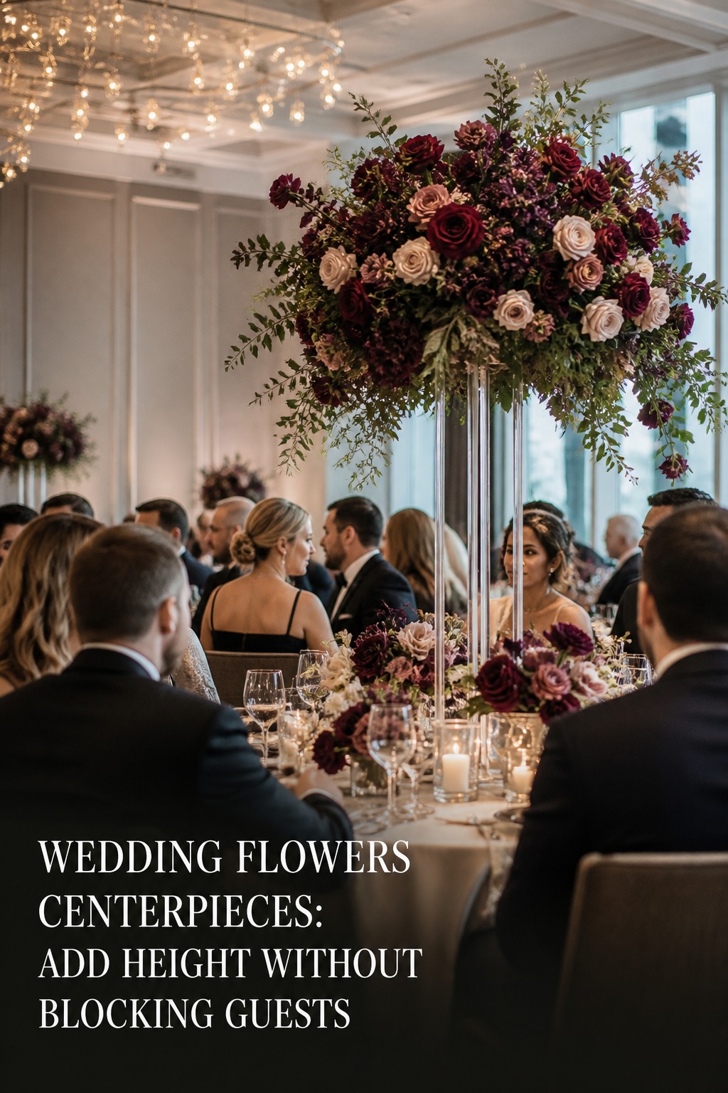 wedding flowers centerpieces elevated burgundy arrangement above guest sightlines