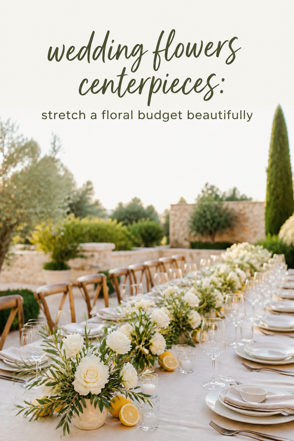 wedding flowers centerpieces narrow floral runner with citrus and olive branches