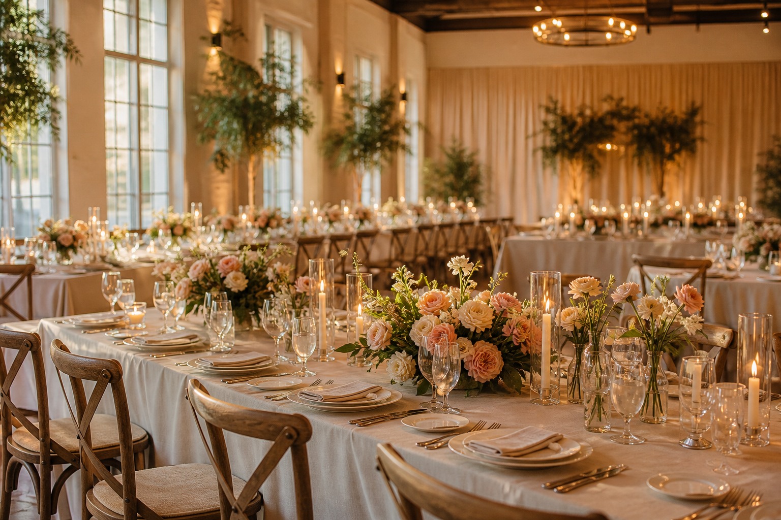 Wedding flowers centerpieces across an elegant reception with candles and low floral arrangements