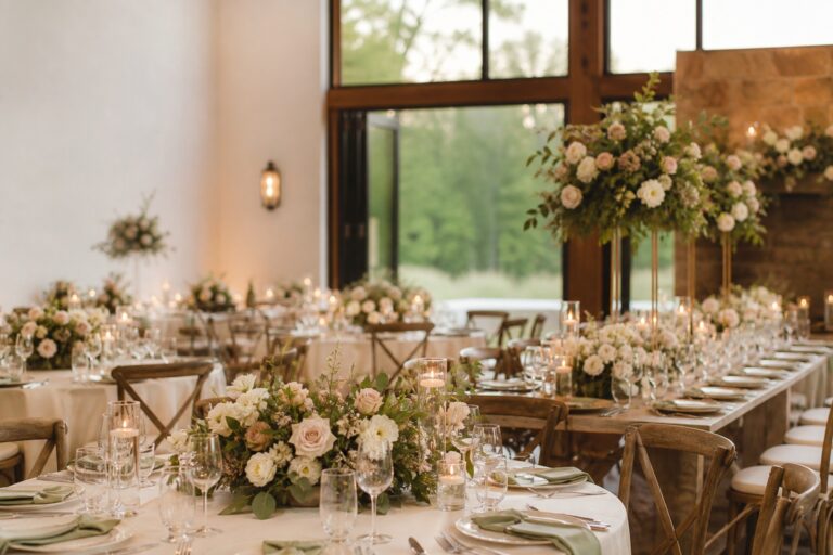 Elegant wedding table flowers across a candlelit reception tablescape