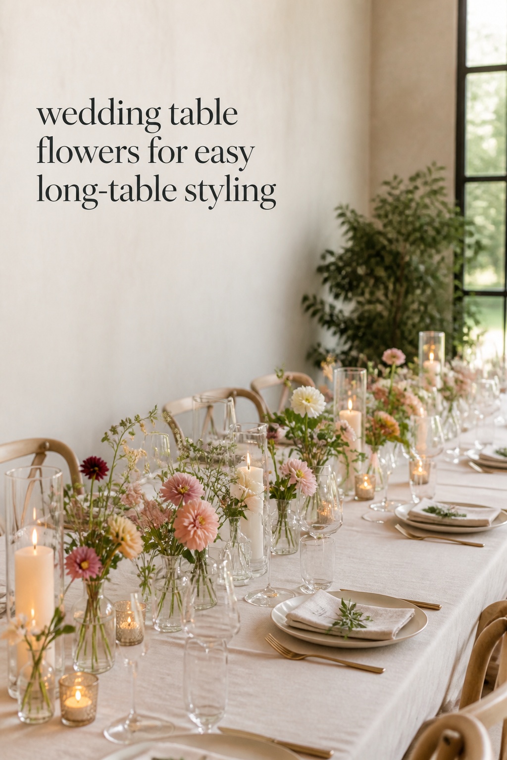 Wedding table flowers in bud vases along a long reception table