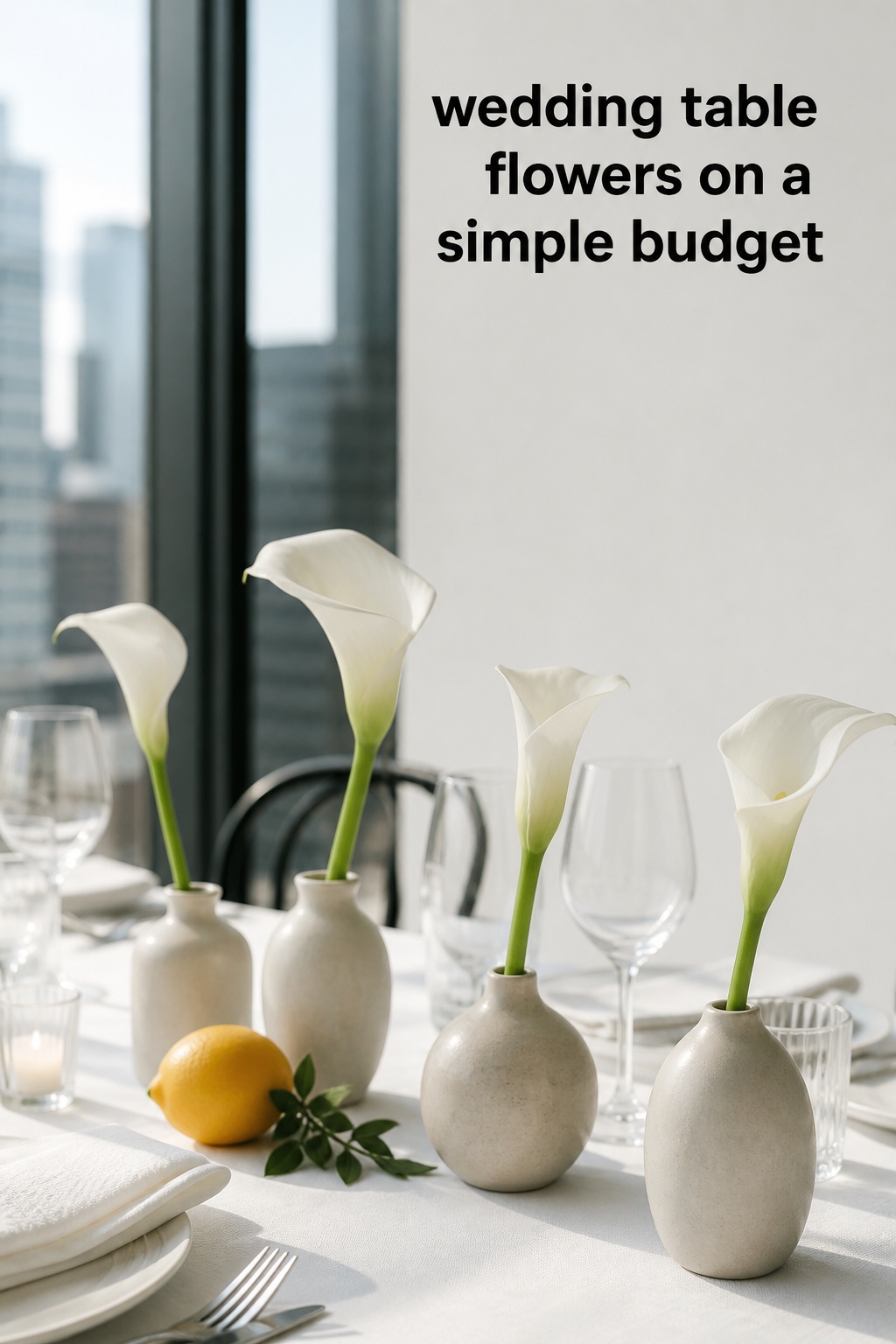 Modern minimal wedding table flowers in sculptural bud vases