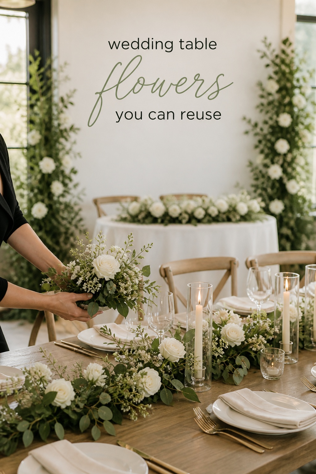 Wedding table flowers being reused from ceremony to reception decor