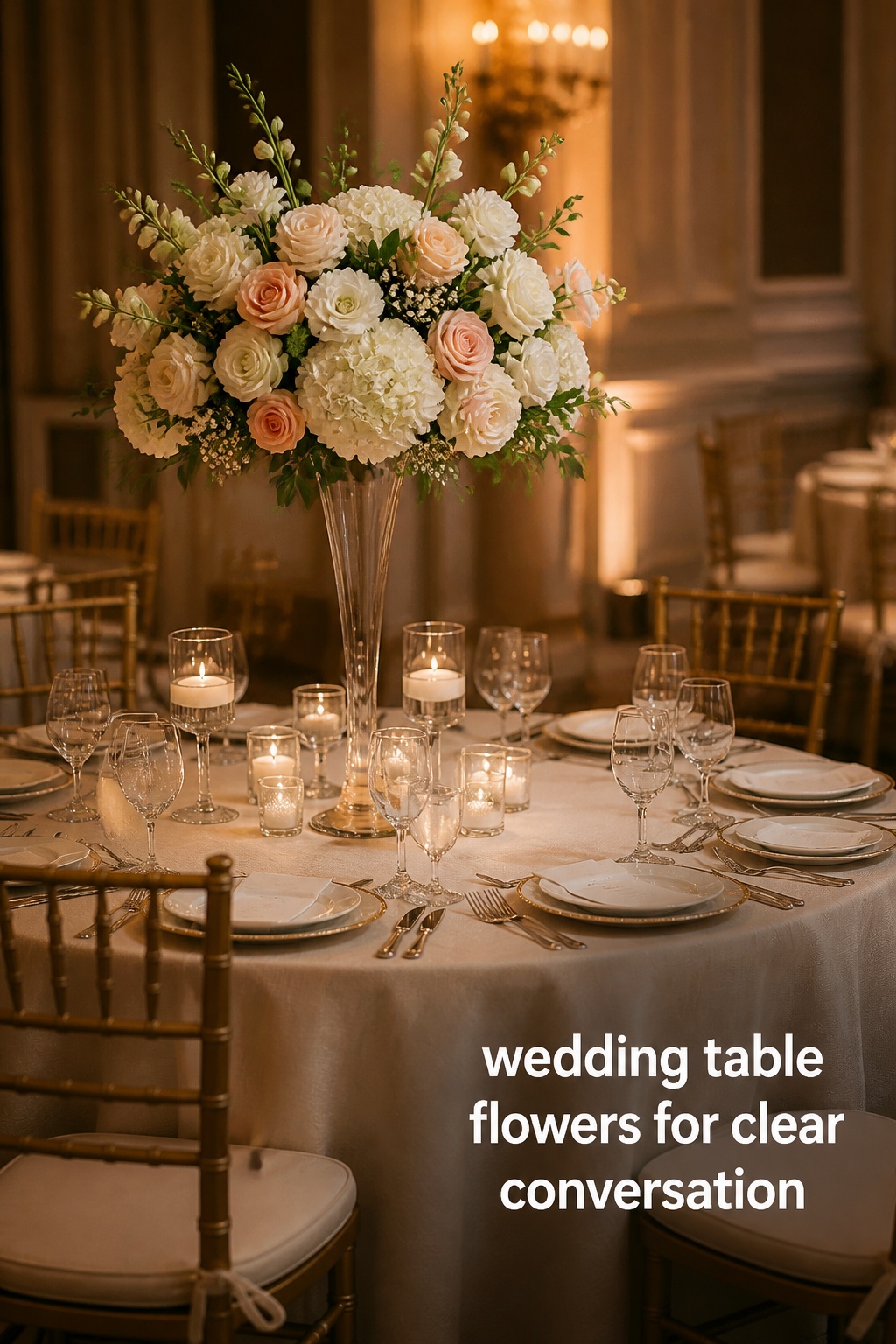 Elevated wedding table flowers on a round reception table