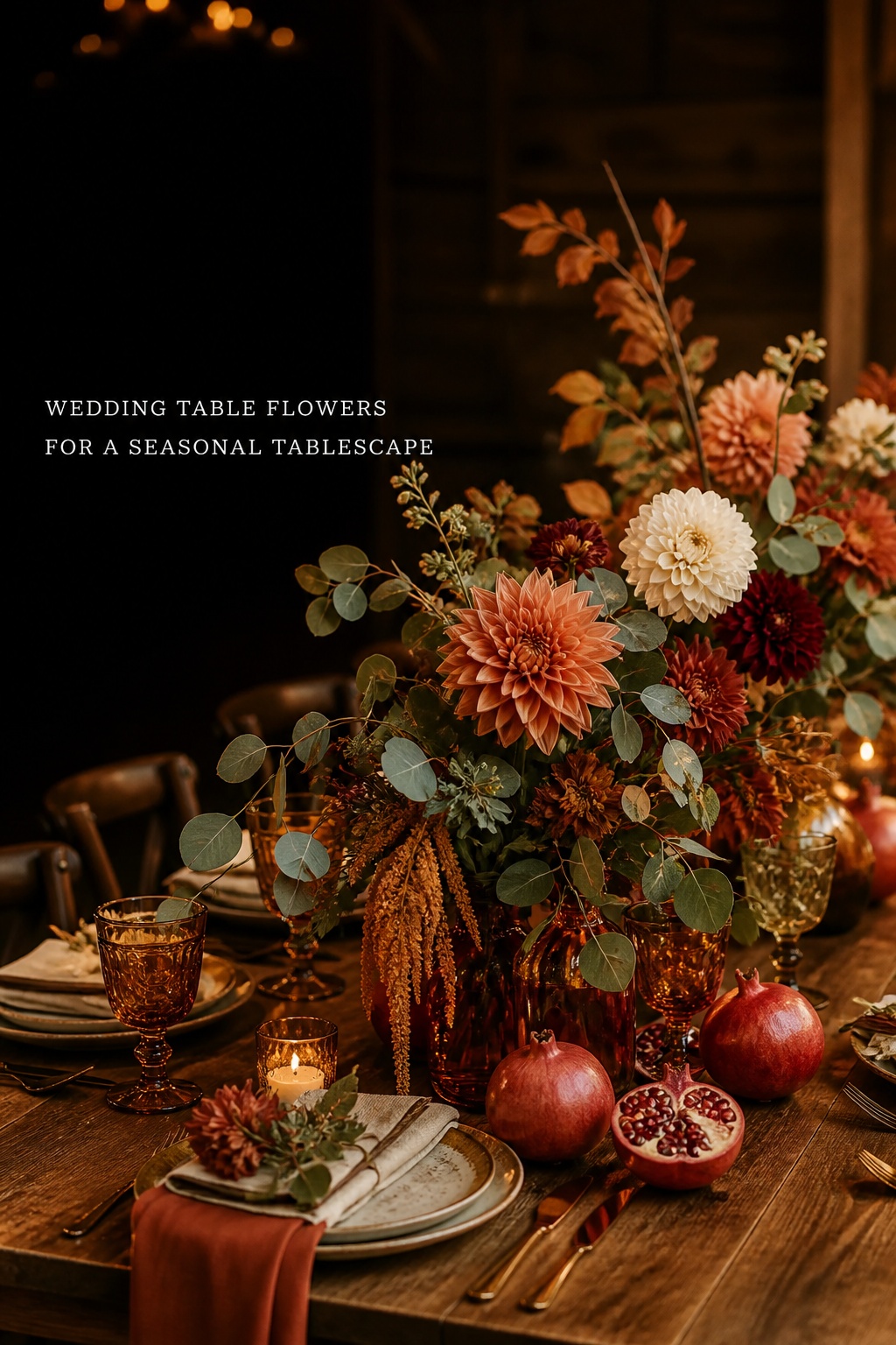 Seasonal fall wedding table flowers with dahlias and pomegranates