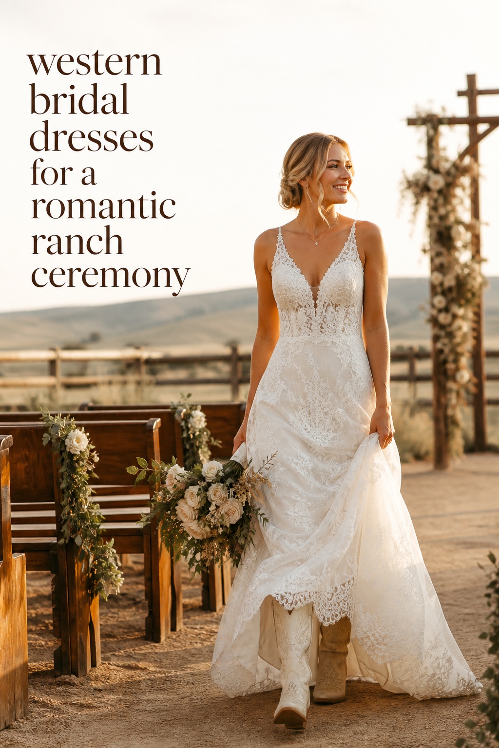 western bridal dresses lace A-line gown with ivory cowboy boots at a ranch