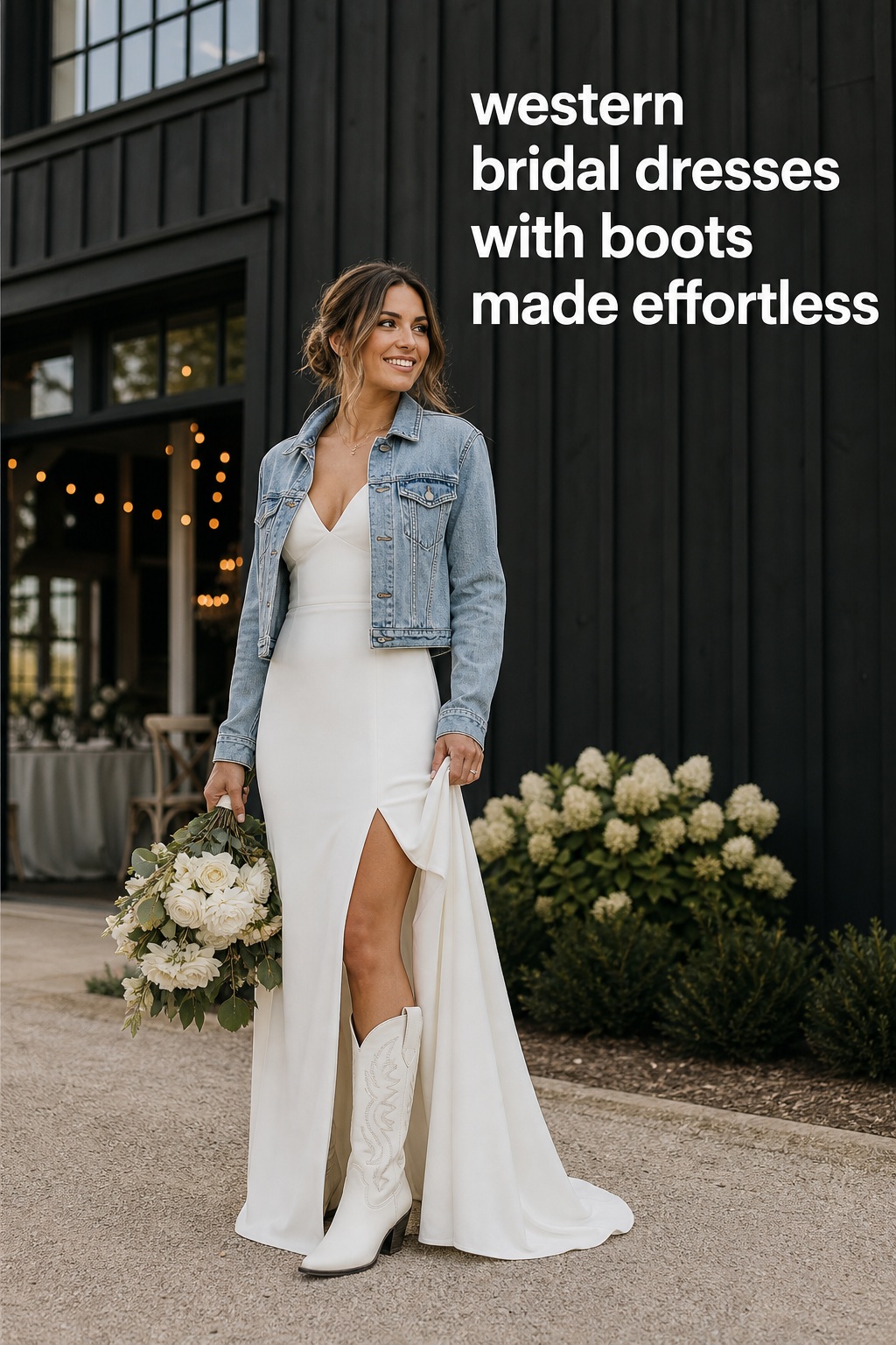 western bridal dresses clean crepe sheath with white boots and denim jacket