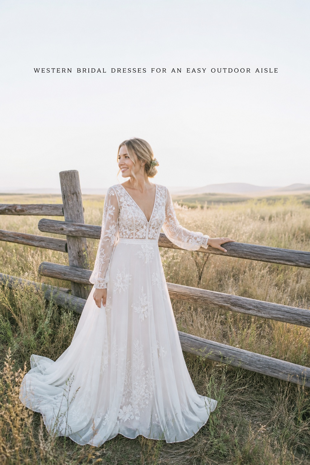 western bridal dresses embroidered long-sleeve gown beside prairie fencing