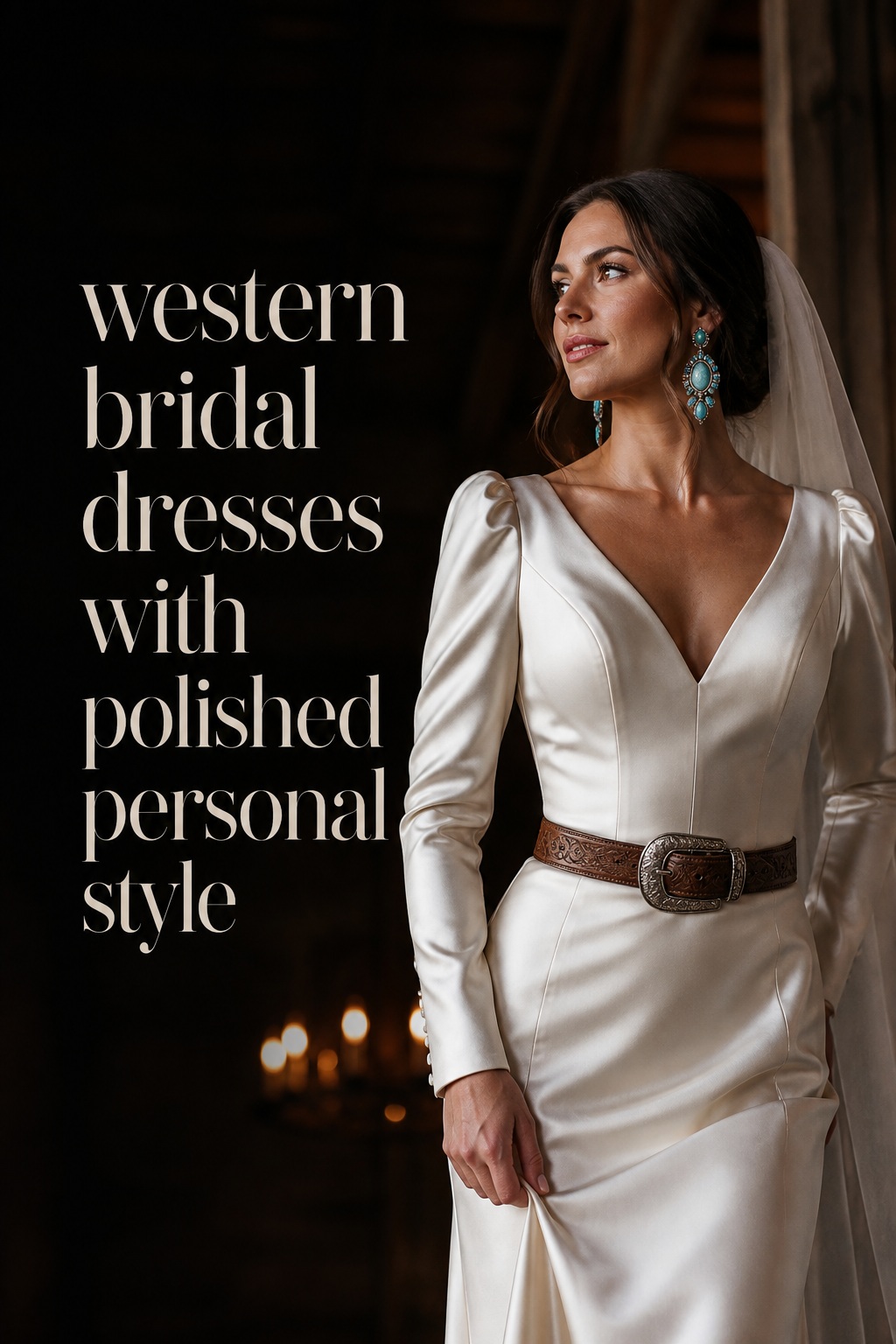 western bridal dresses satin gown with leather belt and turquoise jewelry